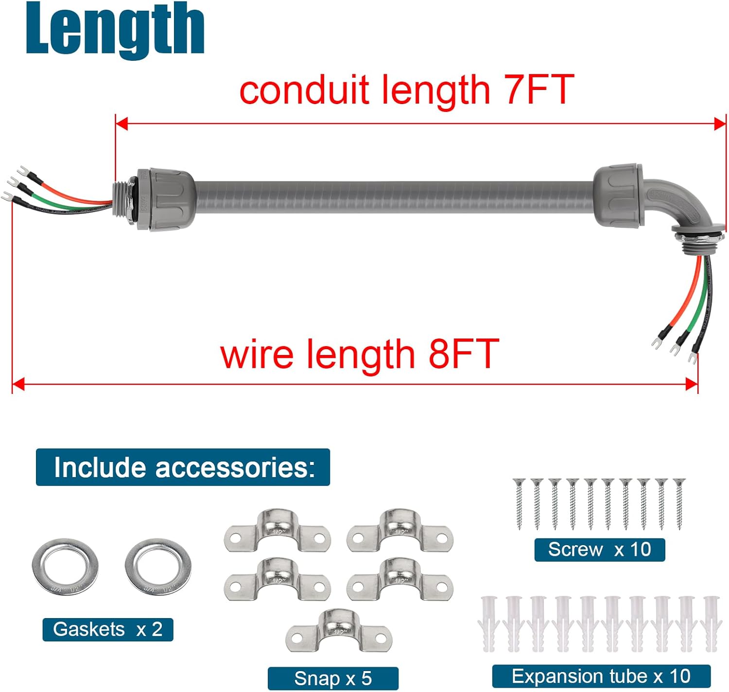 8FT Non-Metallic Liquid-Tight Conduit Kit, 1/2" Pre-Wired Electrical Whip with 3×10AWG THHN Copper Wires & Pre-Installed Terminals, 90° & Straight Connectors, Outdoor HVAC A/C Wiring