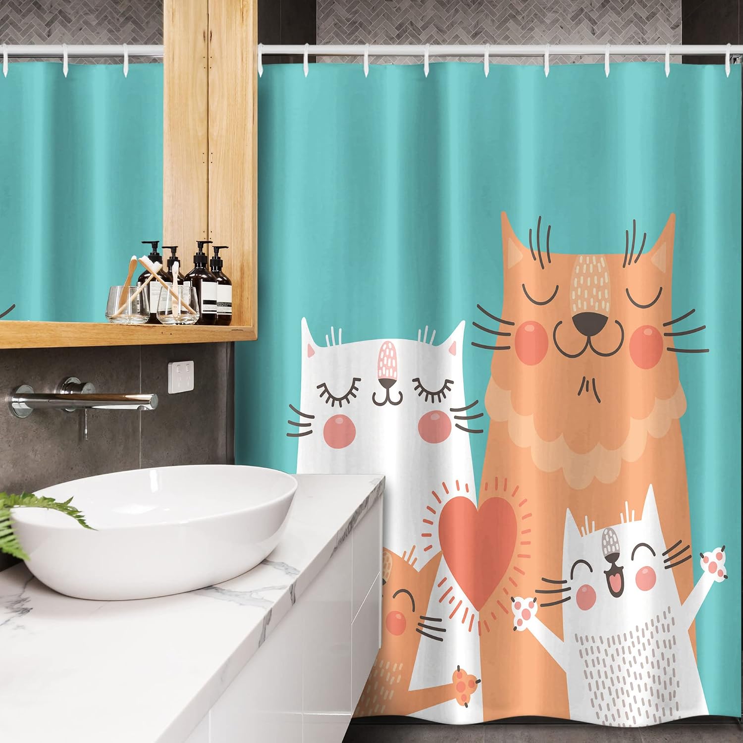 Ambesonne Funny Stall Shower Curtain, Kitten Couple Happy Paws Loving Heart with Family Cats Poster Style Animal, Fabric Bathroom Decor Set with Hooks, 54" W x 78" L, Cadet Blue White Orange