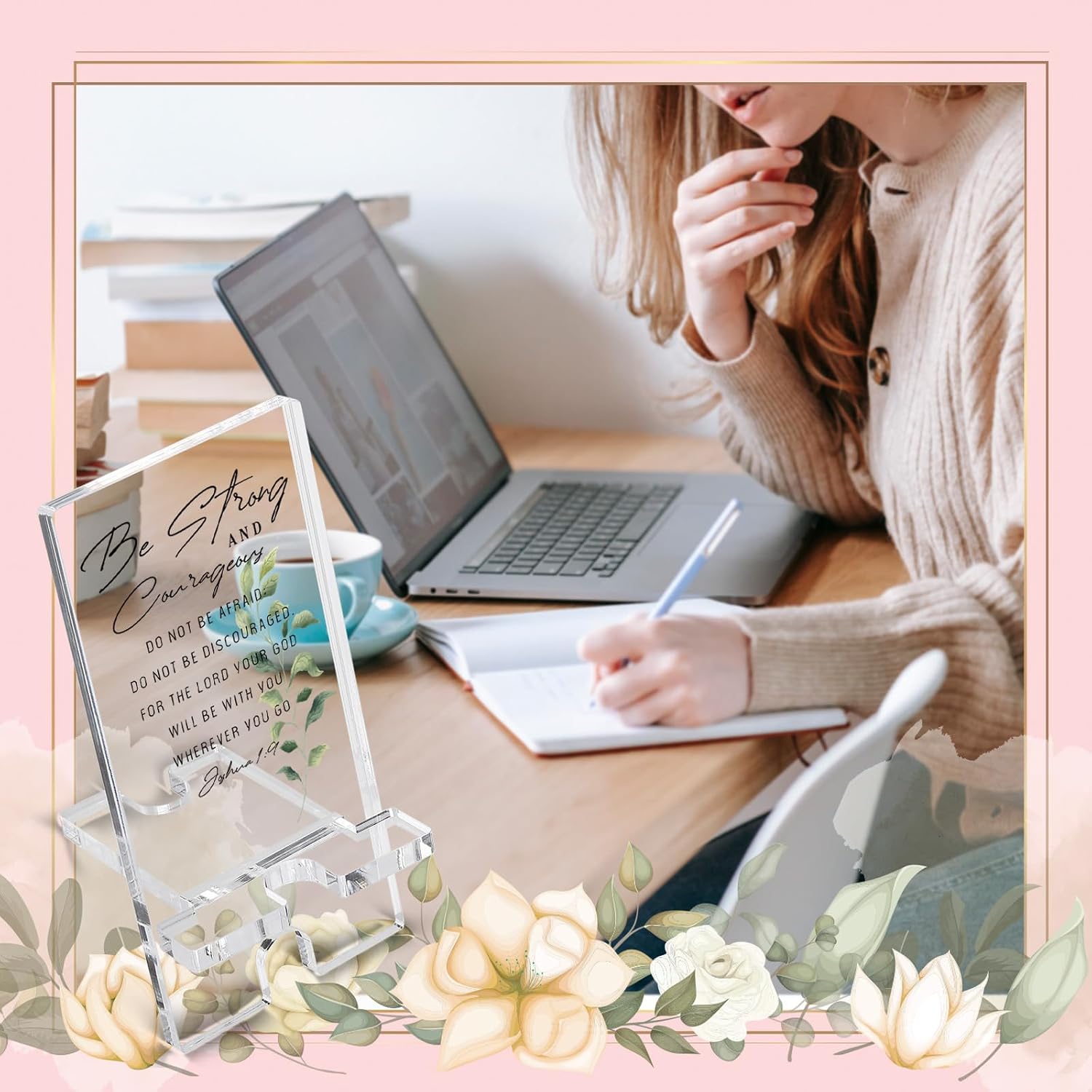 vizuzi Be Strong and Courageous Phone Holder, Joshua 1:9 Bible Verse Cell Phone Stands, Motivational Religious Faith Christian Prayer Gifts for Women, Boss, Coworker, Colleague, Friend ZPH13 image 2