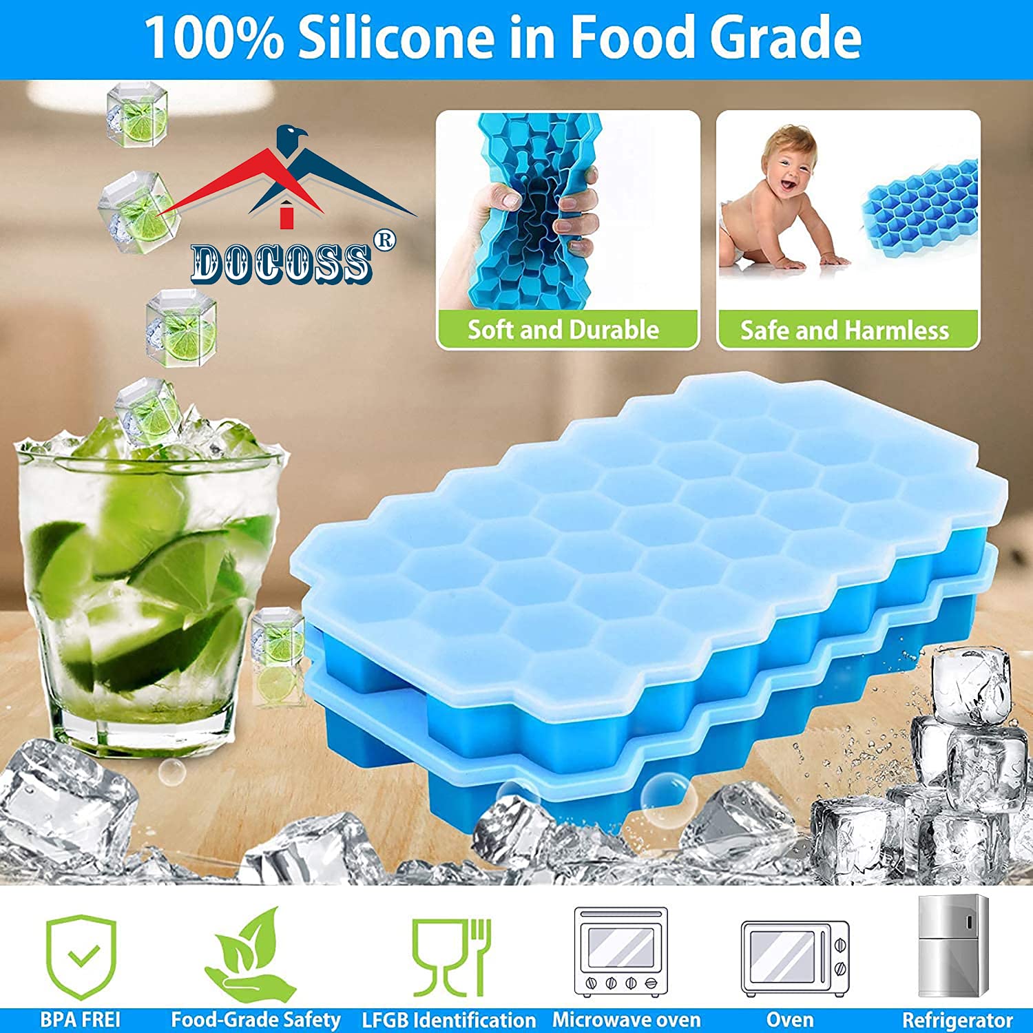 DOCOSS Paquete de 3 moldes de silicona para cubitos de hielo de alta calidad, bandeja de hielo de silicona de 37 cavidades para congelador, bandejas de cubitos de hielo con tapa (multicolor)