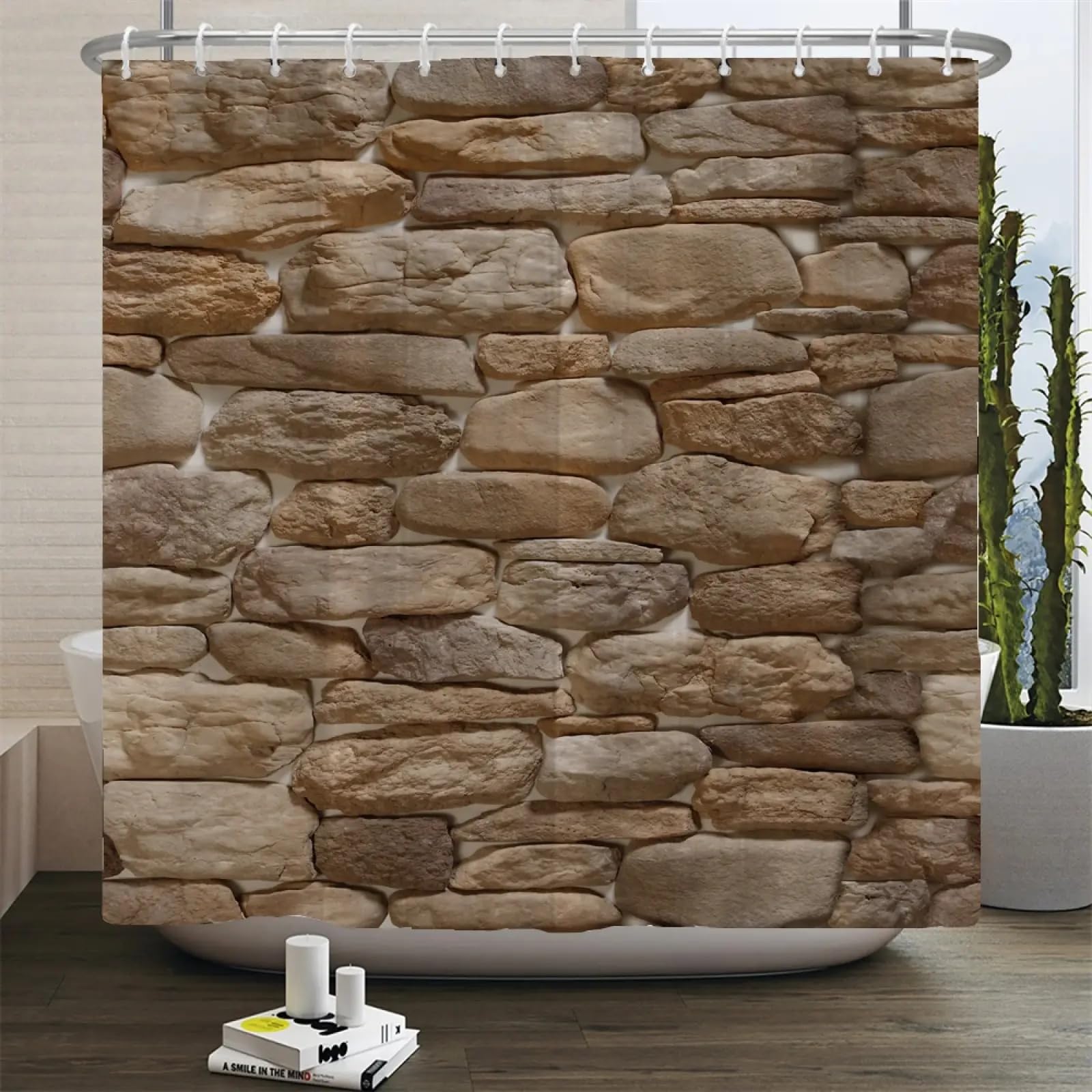 Rideau de douche imperméable motif pierre 137x198cm pour rideau de salle de bain en polyester