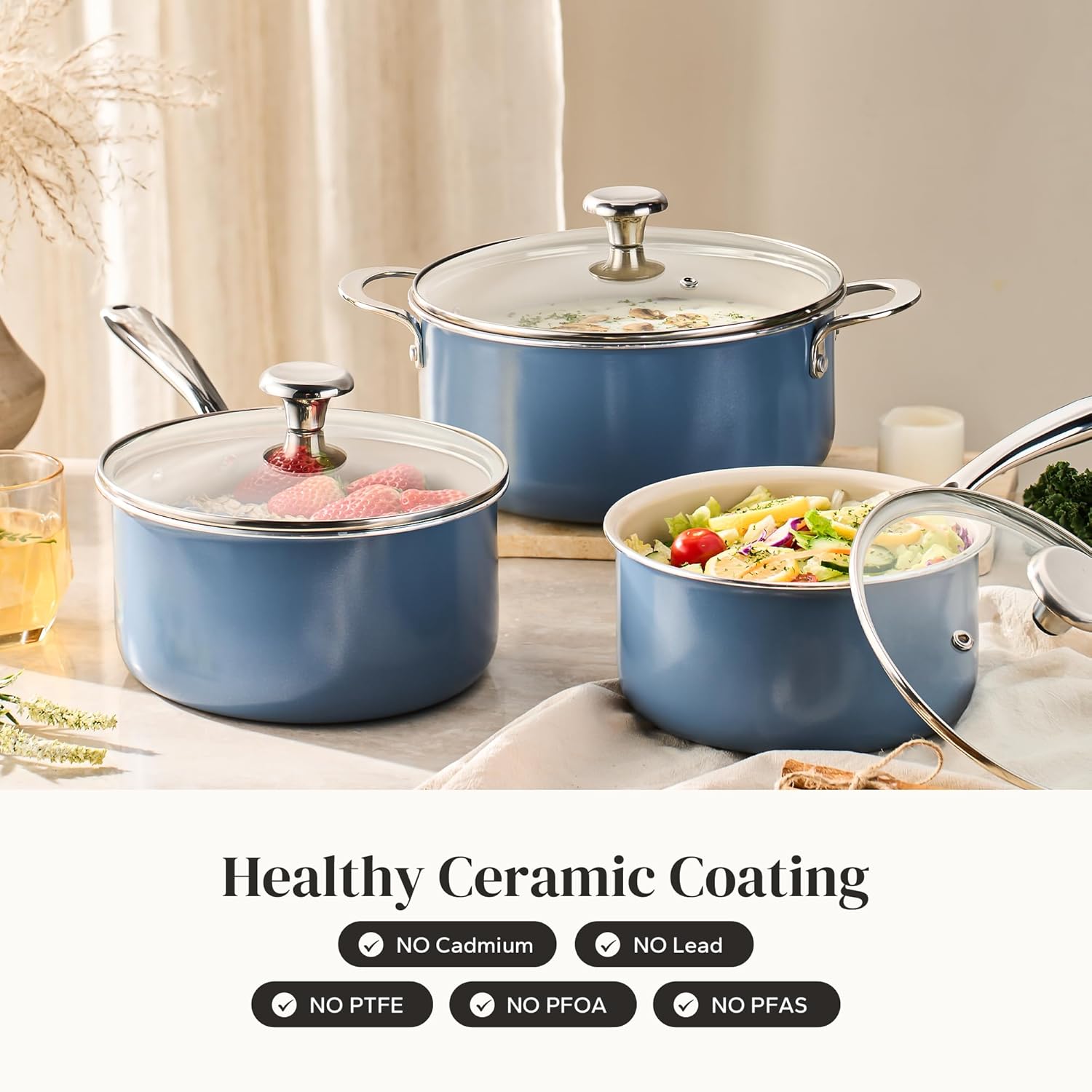 Redchef Non-stick Stock Pots Set 5QT, Sauce Pan with Lids(2.5QT, 3.5QT) Multifunctiona Kitchen Cookware Sets, Non Toxic with Stay Cool Handle, PTFE & PFAS & PFOA Free, Dishwasher/Oven Safe (Blue)