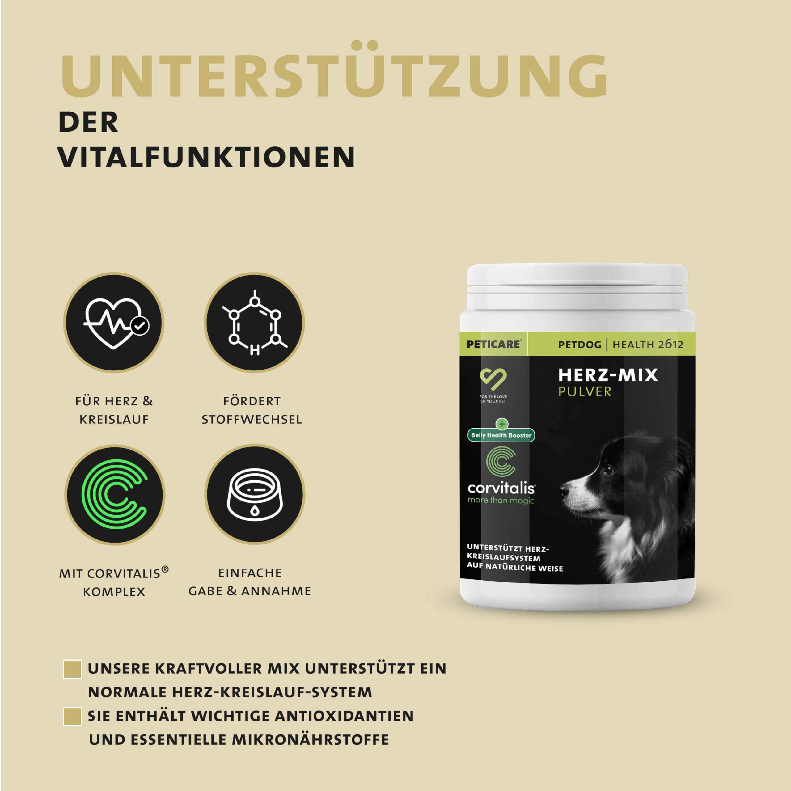 Peticare Polvo Corazón & Circulación para Perros | Favorece la Salud cardíaca y la vitalidad | con Omega-3, L-carnitina y espino Blanco | Suplemento Natural | petDog Health 2612