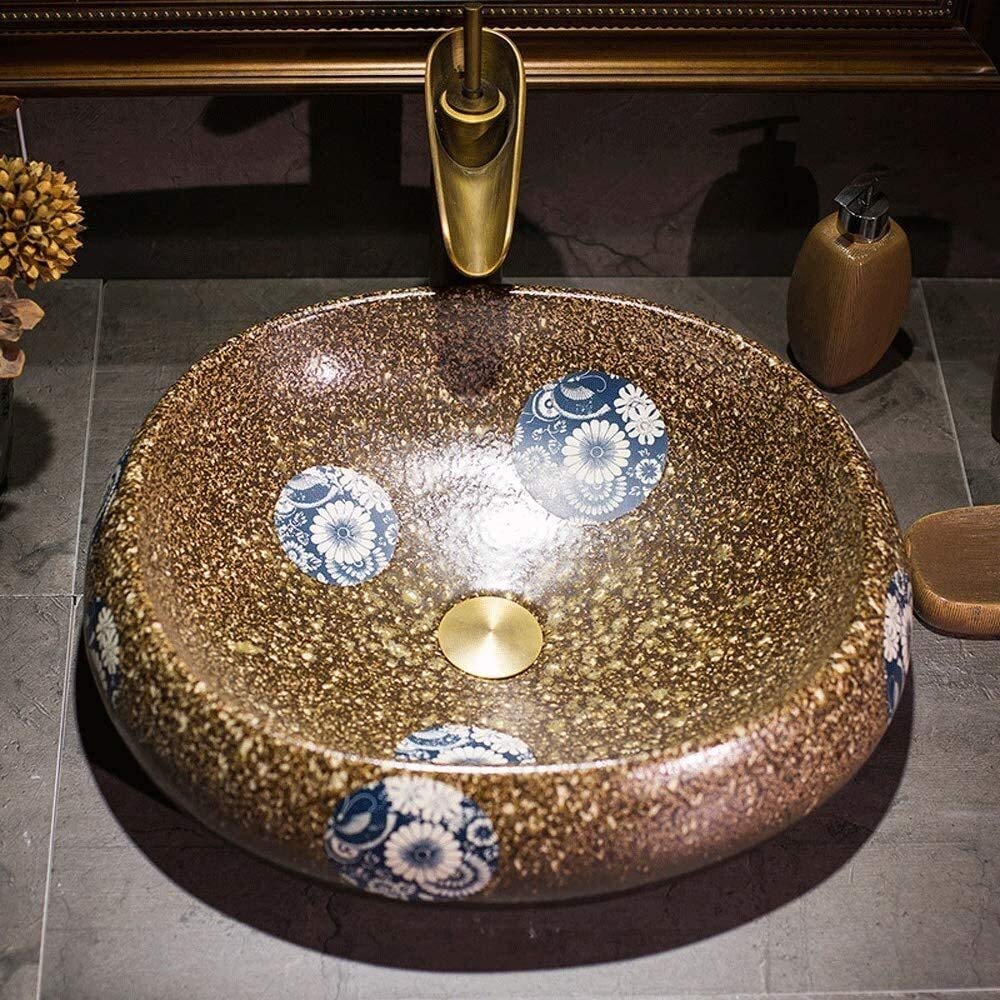 Lavelli della nave, Bagno Nave Sink Hotel di Lusso Art Sink 19 "Sopra il contatore Bagno Vessel Lavello Vanità V-Tire Ovale Porcellana Imitazione Pietra Modello Controsoffitto Bowl Sink