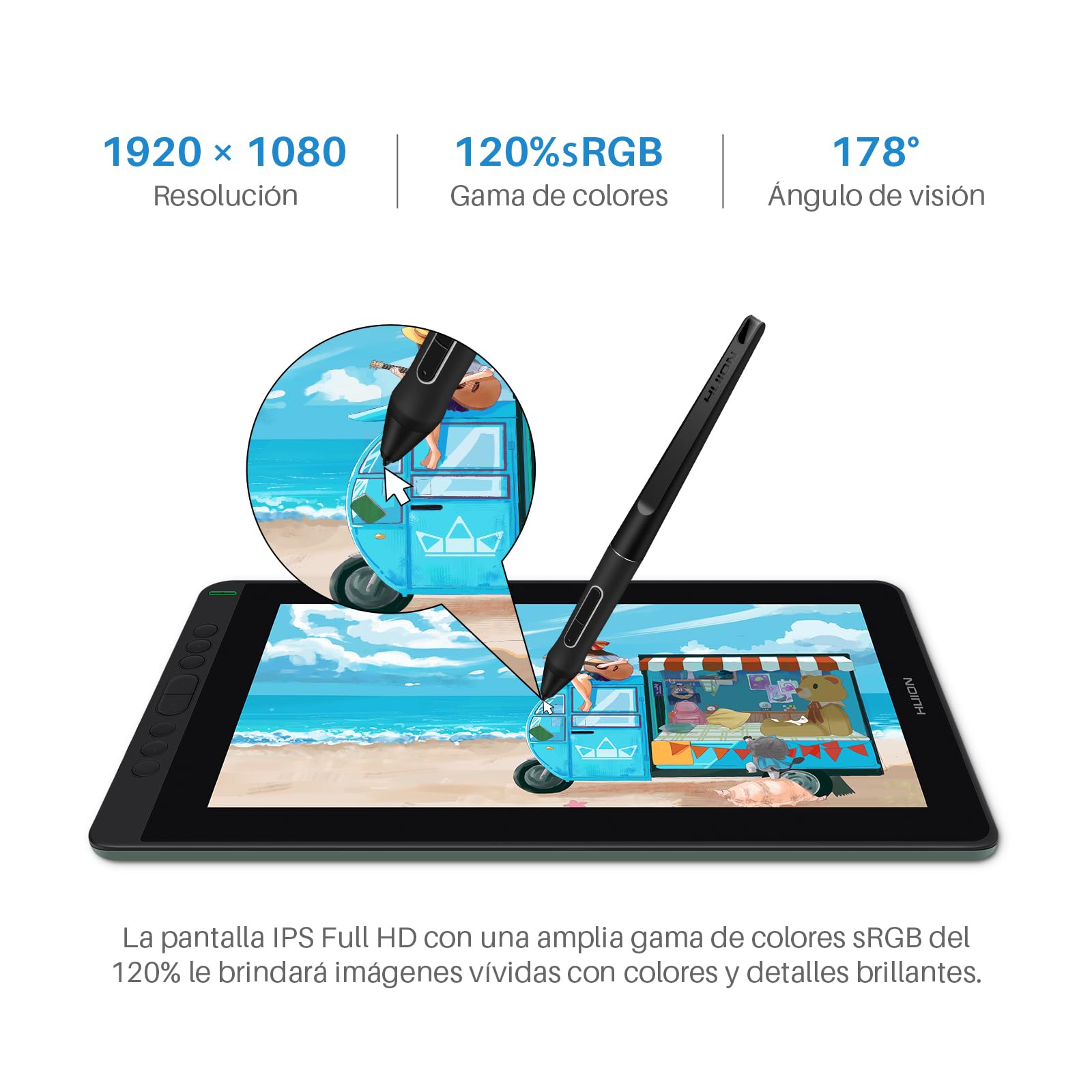 HUION Kamvas 13 Tableta Gráfica con Pantalla, Monitor de Dibujo Gráfico de 13,3 Pulgadas,120% sRGB, Lápiz PW517, con Ajustable Soporte, Ideal para Trabajar Desde Casa y Aprendizaje Remoto, Verde | PenTech4.0 16384 Pen Pressure, 5 teclas Express, Canvas Gl