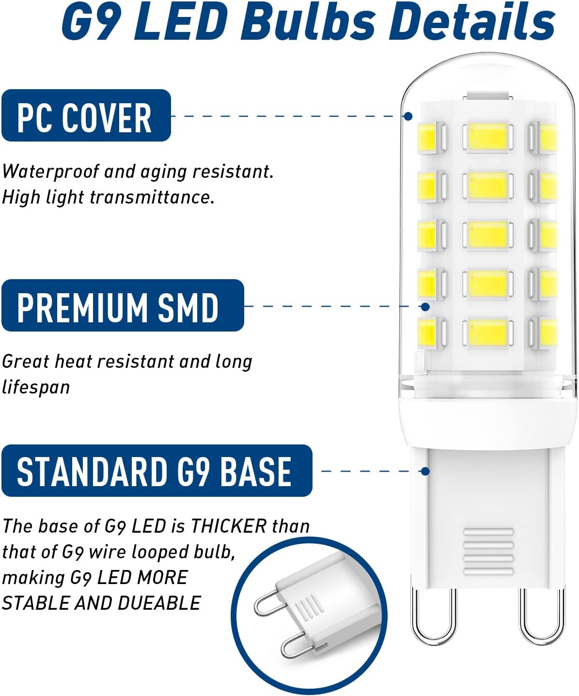 G9 Dimmable LED Light Bulb 3W Daylight White 6000K,40W 60W Halogen Equivalent, G9 Bulb 350 LM AC 120V for Chandelier Wall Pendant Ceiling Lighting Lamps No-Flicke,10-Pack
