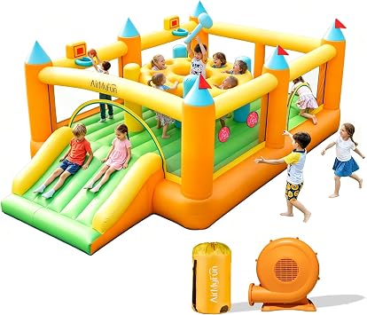 AirMyfun Inflatable Bounce House for Kids 3-8, 18.1 x 11.2 x 6.8 ft Bouncy House with Wide Slide, Whack-a-Mole Game, Large Jumping Area, Basketball Hoops & Sticky Ball Targets, Party Game with Blower