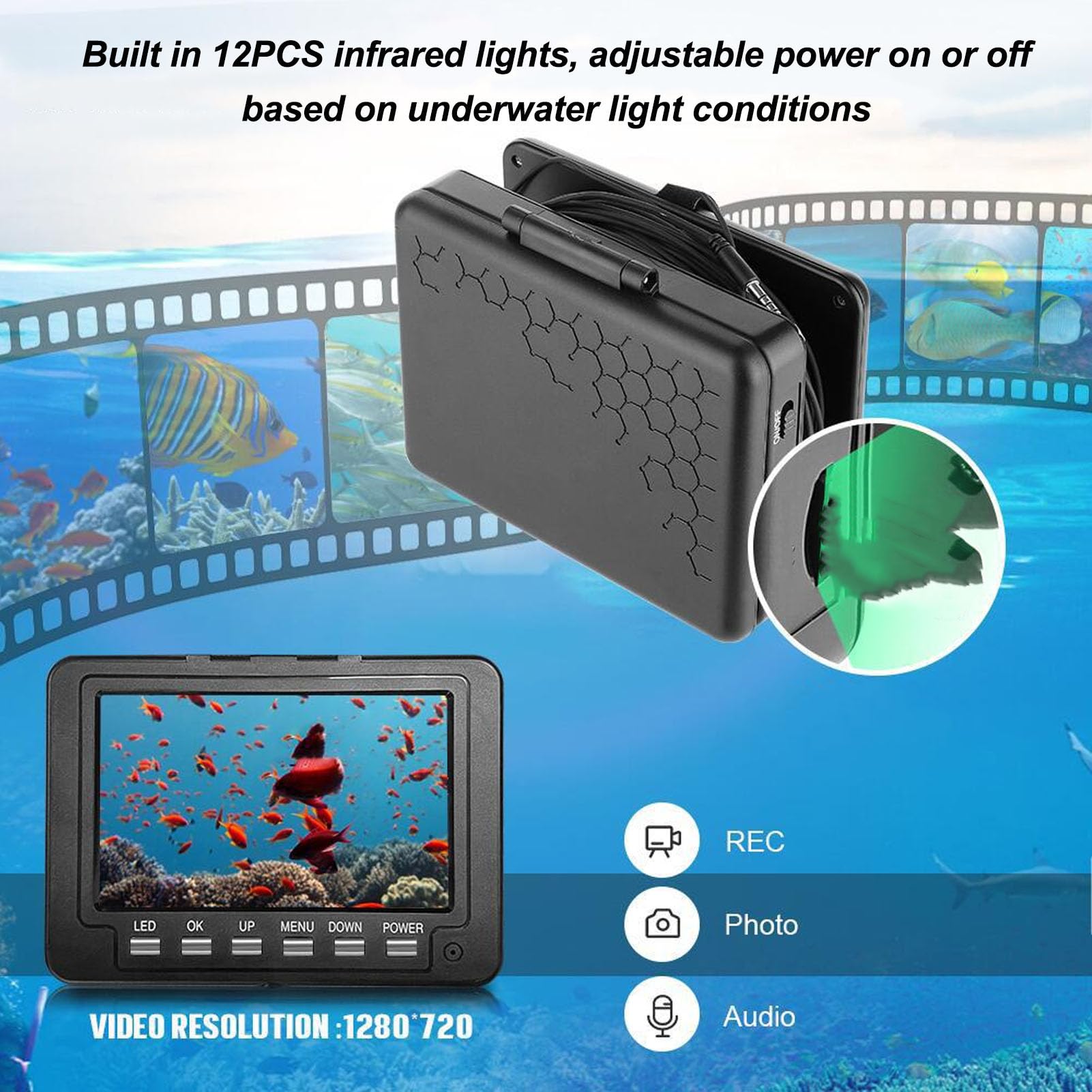 5-Zoll-IPS-LCD-Angelkamera mit Einer Auflösung von 1280 X 720, von Videos auf Einer Micro-Speicherkarte, 1080P-CMOS-Sensor, 30 M PU-Kabel, Wiederaufladbarer 5000-mAh-Akku