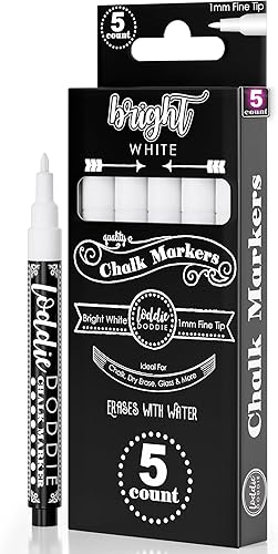 Loddie Doddie Marcadores de tiza líquida para pizarra, paquete de 5, punta de 0.039 pulgadas, color blanco, tinta borrable y de bajo olor, no