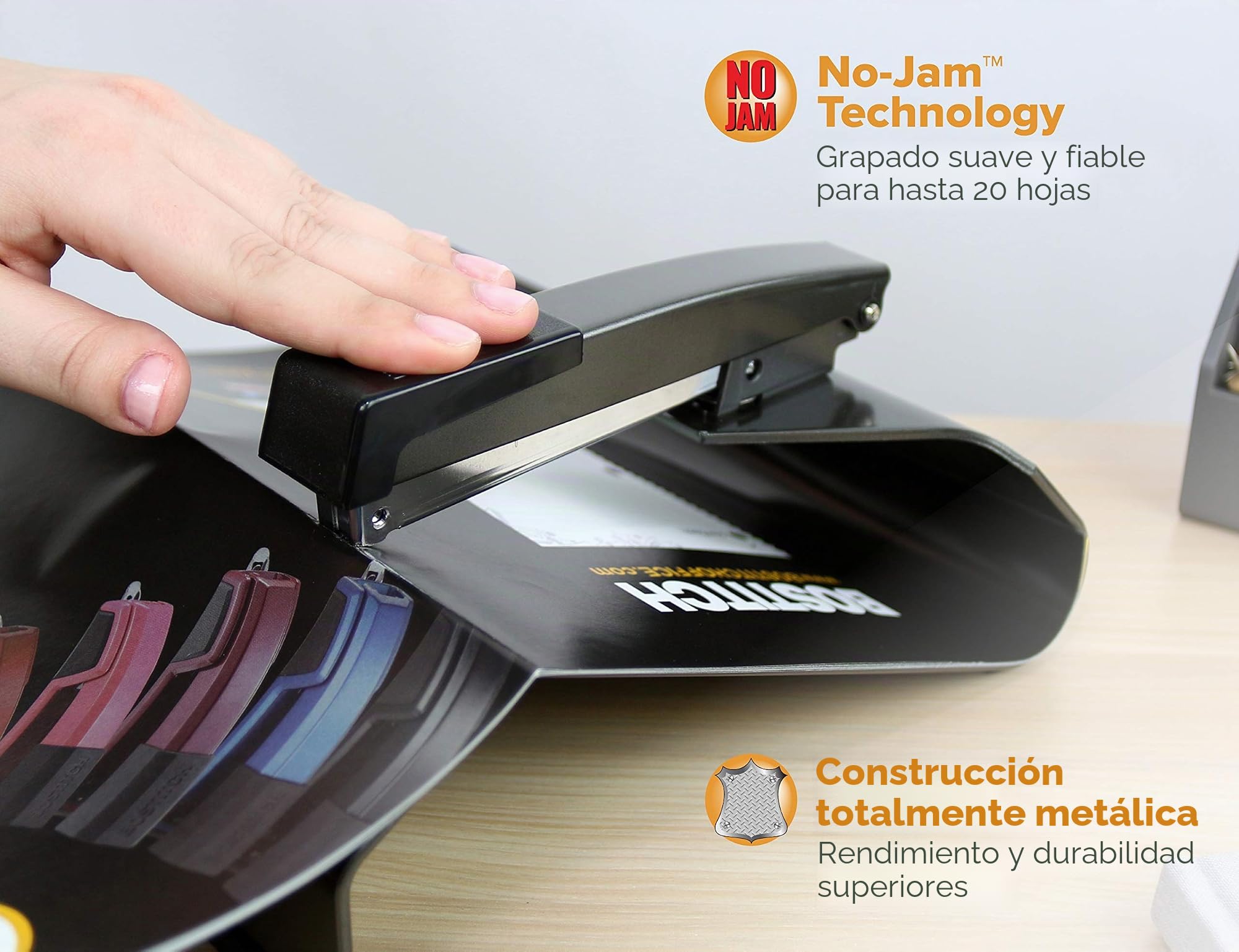 Bostitch Office Grapadora de folletos, 20 hojas, tecnología sin atascos, color negro (B440SB)