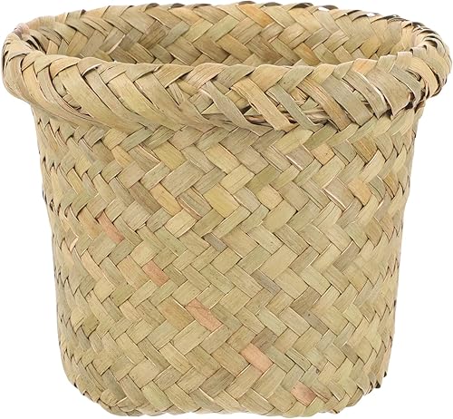 Alipis Cesta de basura de jacinto de agua para decoración de oficina, papelera de mimbre de hierba marina, contenedor de basura de ratán