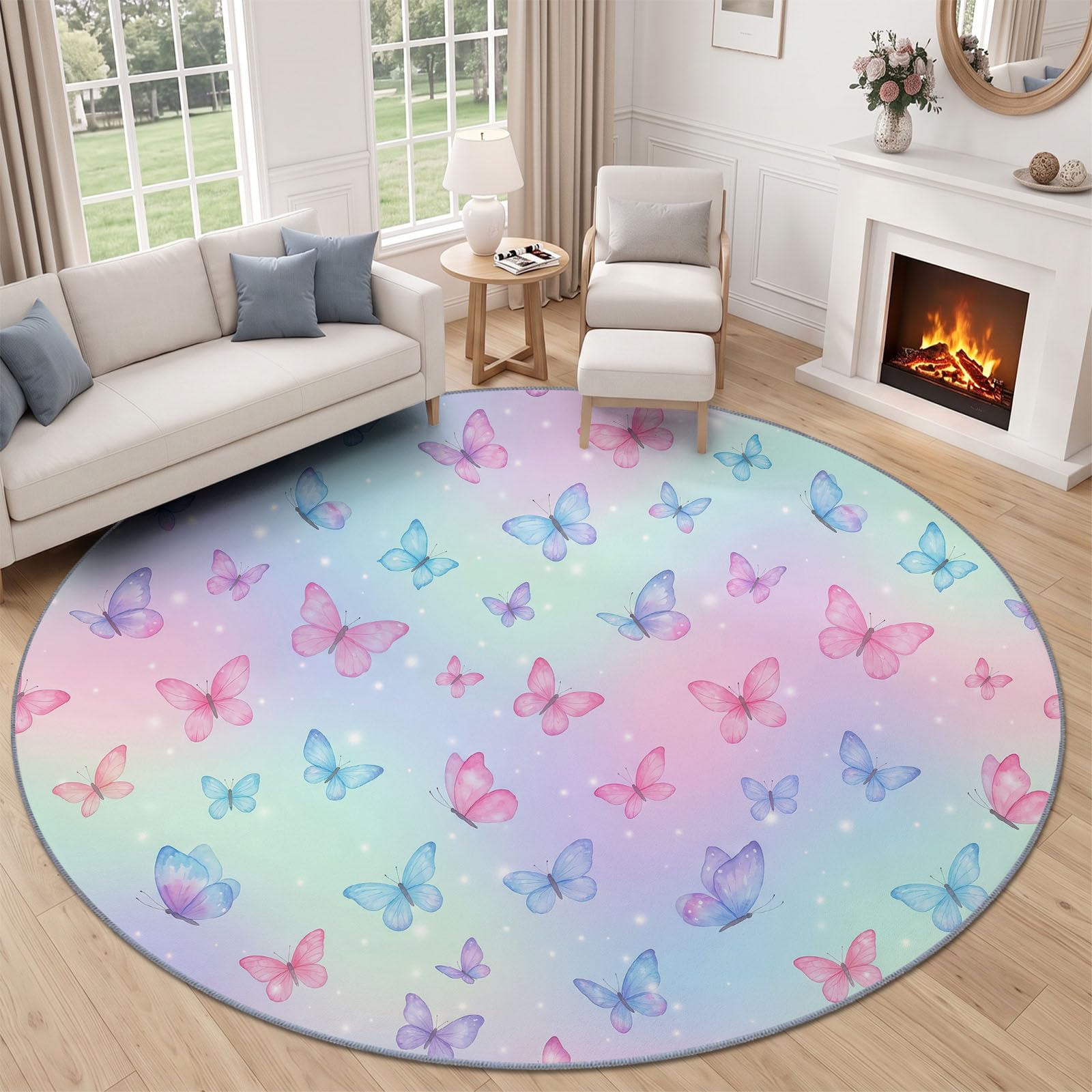 Générique Tapis Rond 120 cm Lavable Machine, Moquette Antidérapante Poil Bas Style Insecte Arc-en-Ciel, Motif Papillon Ombré Arc-en-Ciel Moderne Doux pour Chambre De Fille, Multicolore