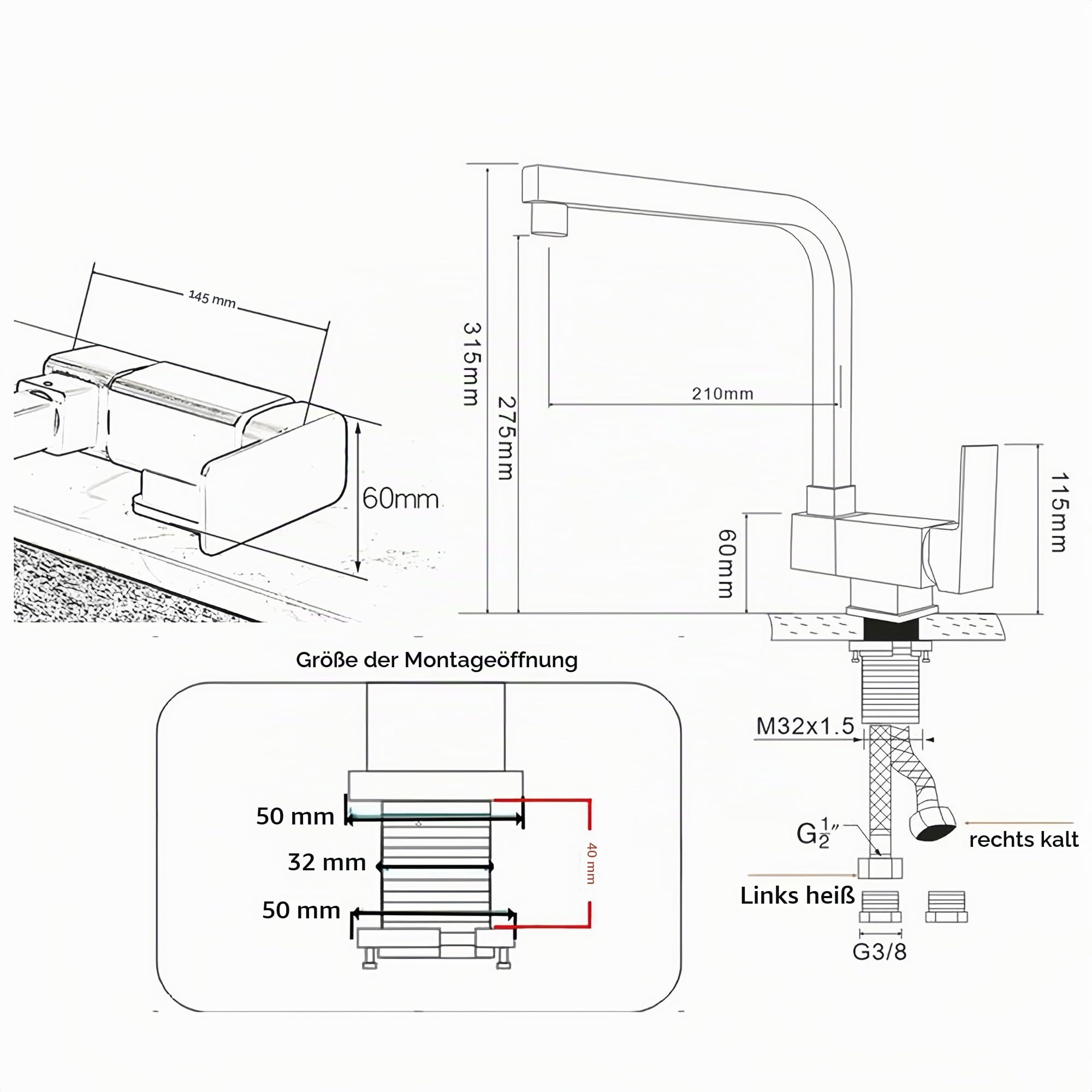 Vorfenster Küchenarmatur Aus 360° Verstellbarer-Wasserhahn Küche Mit 2 Strahlarten, 360° Drehbare Armatur Und Unterfenstermontage, Ideale Mischbatterie Für Küchen Unter Dem Fenster (schwarz)