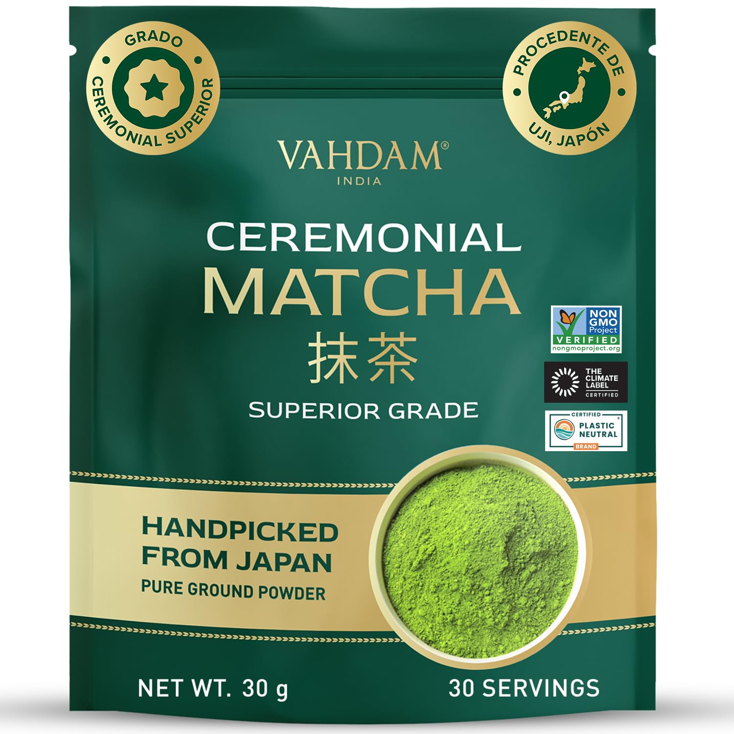 VAHDAM Matcha Ceremonial 30g | Té Verde Matcha Japonés Grado Ceremonial de Uji, Japón | Polvo Ultra Fino y Sedoso | Sabor Delicado Sin Amargor | Ideal para Ceremonia del Té y Matcha Latte