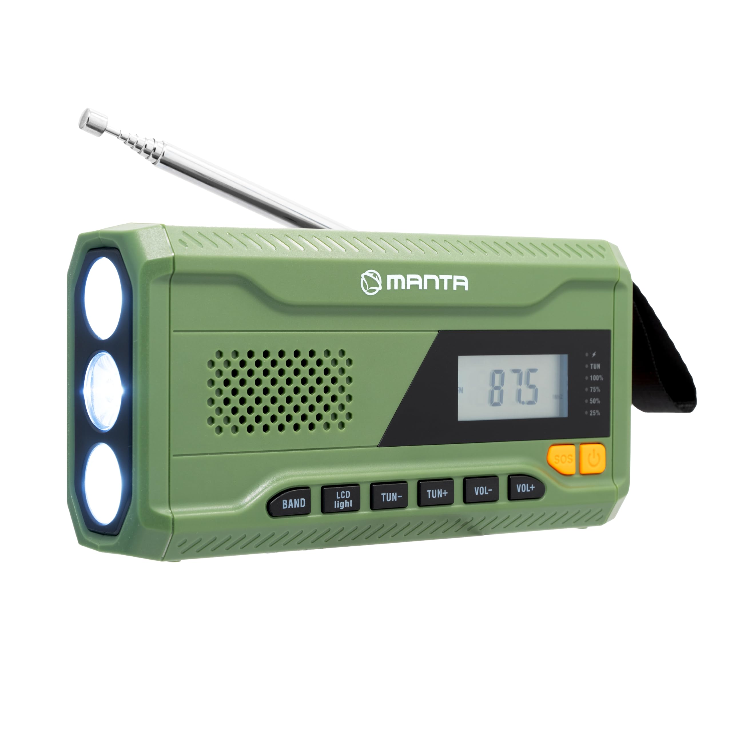 Manta RDI401G solarne radio awaryjne z korbą ręczną, radio FM z przenośnym powerbankiem 4500 mAh, USB-C, jasna latarka i lampka do czytania w sytuacjach awaryjnych w gospodarstwie domowym i na świeżym