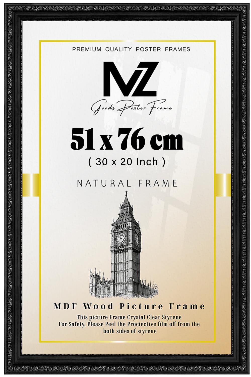 Mz Goods Black - Elegant Large Rectangle Poster/Picture (51 X 76 Cm) | Solid Polcore Finish And Hanging Hooks 30 X 20 Inch Handmade Frames Display [ ]