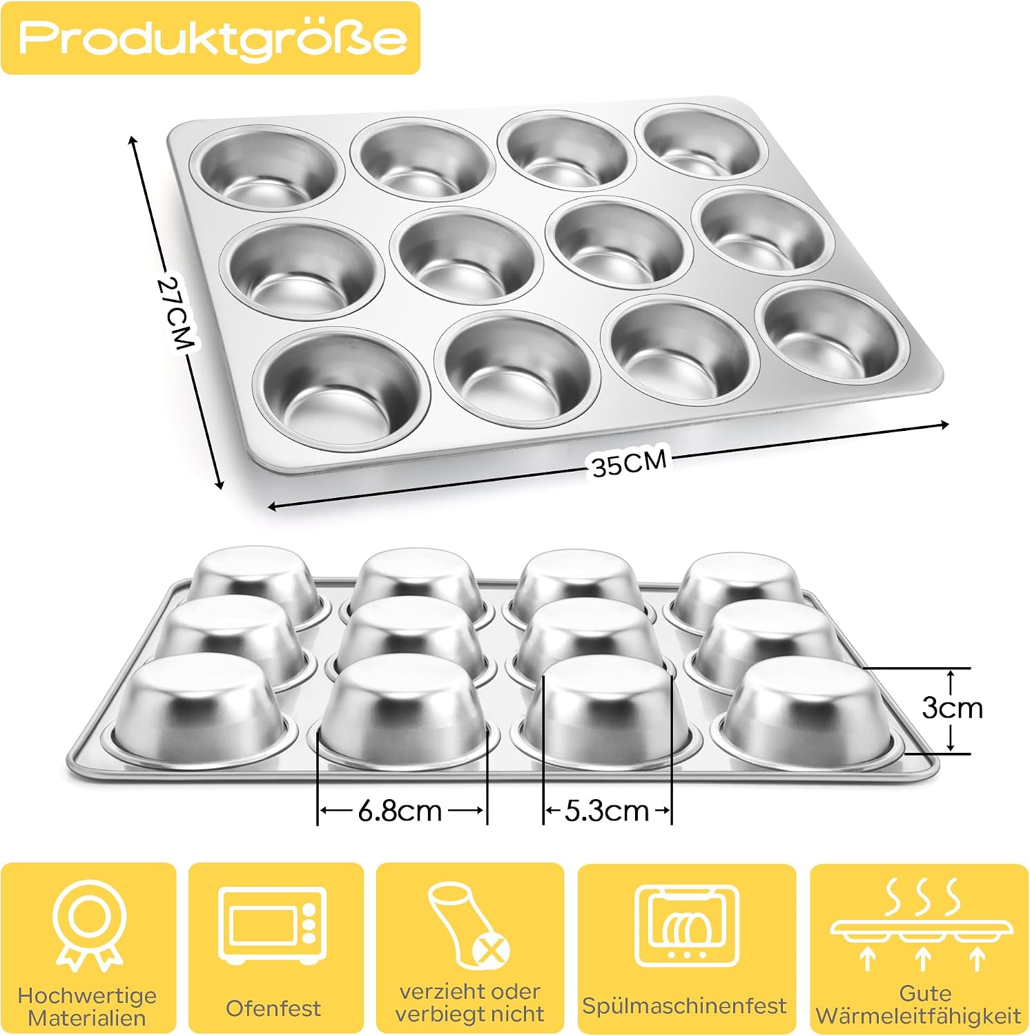 Joyfair Stainless Steel Muffin Tray for 12 Muffins, Muffin Baking Moulds 35 x 27 cm, Muffin Baking Mould for Cupcakes, Brownies, Pudding, Cakes, Non-Toxic & Healthy, Oven & Dishwasher Safe image 2
