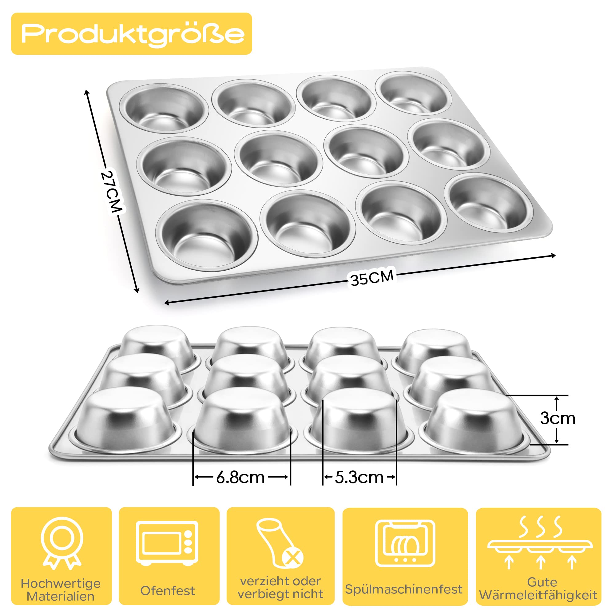 Joyfair Moule à muffins en acier inoxydable pour 12 muffins, moules à muffins 35 x 27 cm, moule à muffins pour cupcakes, brownies, pudding, gâteaux, non toxique et sain