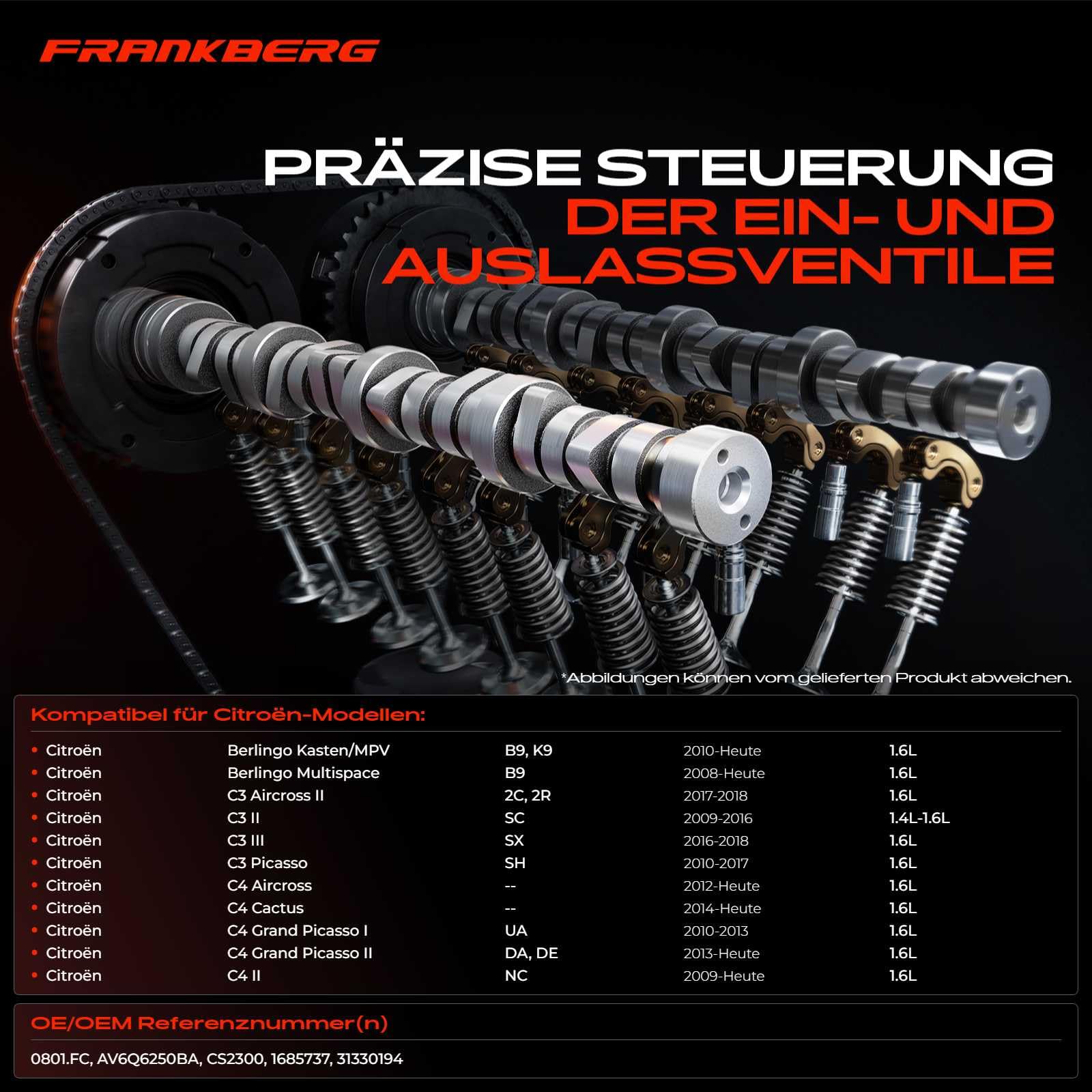 Frankberg 1x Nockenwelle Kompatibel mit Berlingo 1.6L 2010-Heute C4 II 1.6L 2009-Heute S-Max 1.6L 2011-2014 C30 1.6L 2010-2012 V60 I 1.6L 2011-2015 V70 III 1.6L 2011-2015