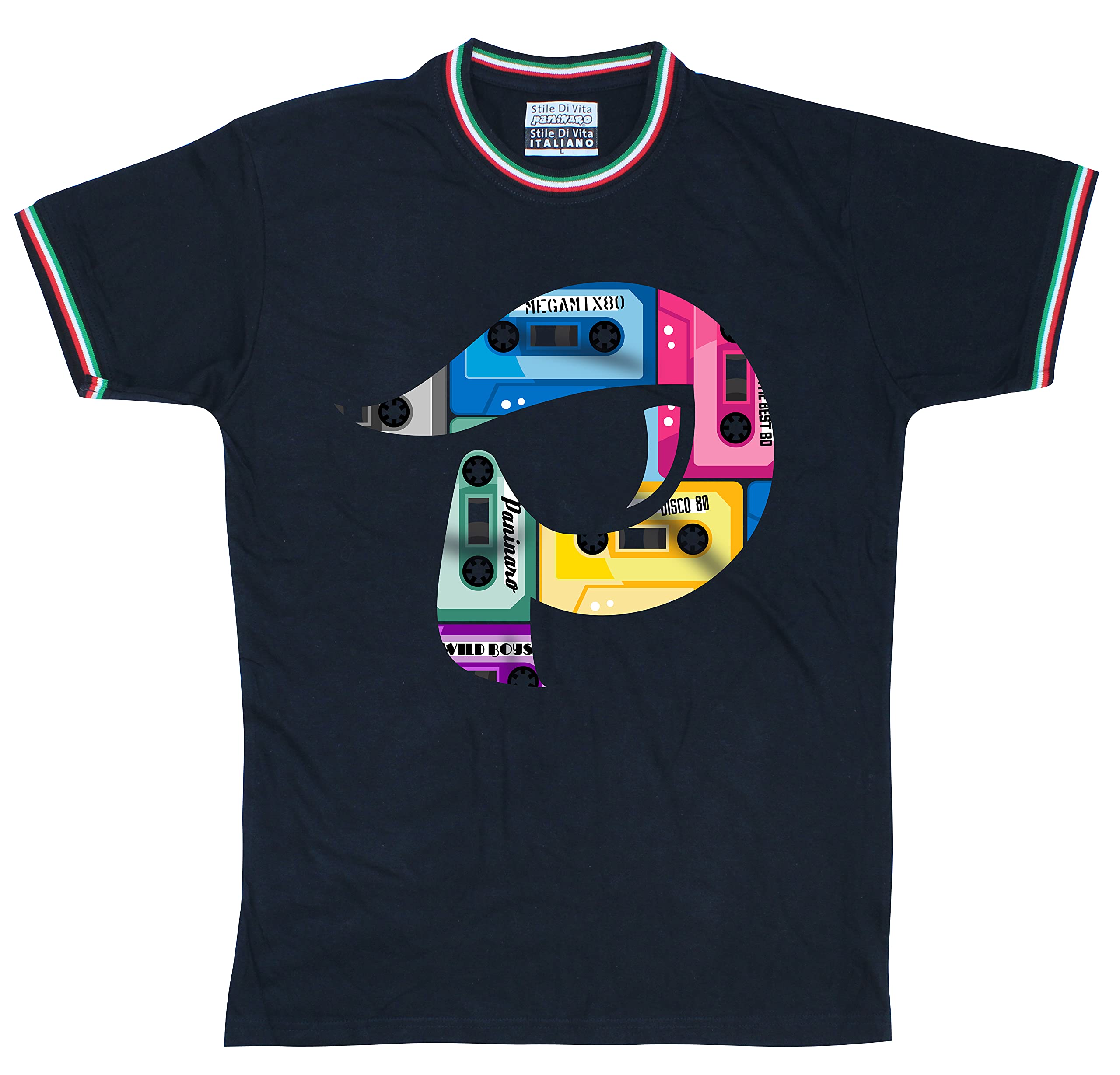 PANINARO® Music Cassette - T-Shirt in Vari Colori: Blu, Bianco e Nera con Bandiera Italiana.