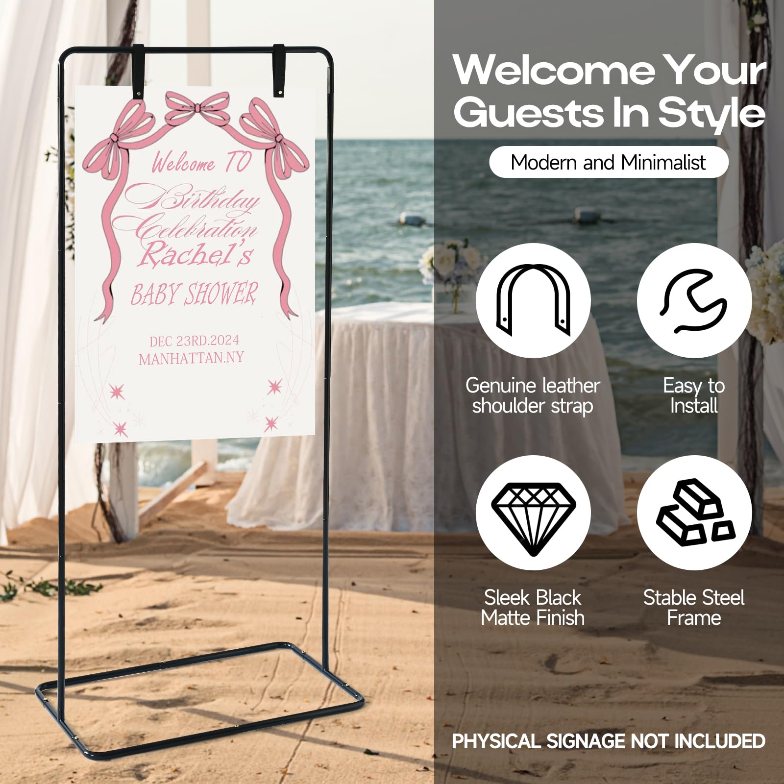 Soporte para letreros de boda, letrero de boda ajustable con paquete de diseño y correas para colgar letreros de cuero, soporte de caballete de metal duradero para letreros de bienvenida de boda