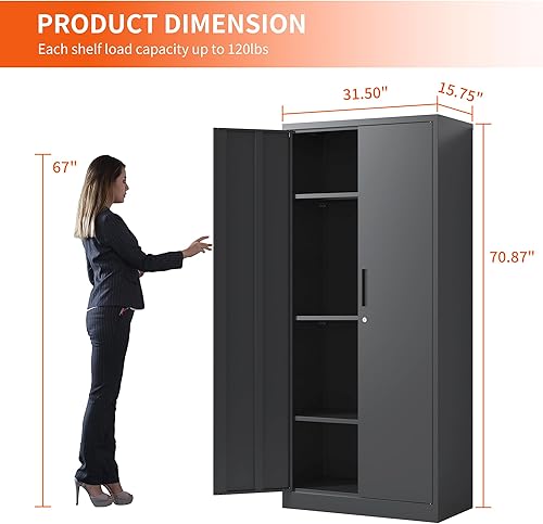Miniatura 3 de Armario de almacenamiento de metal con estantes ajustables, armario de herramientas de garaje con 2 puertas con cerradura para oficina, hogar,