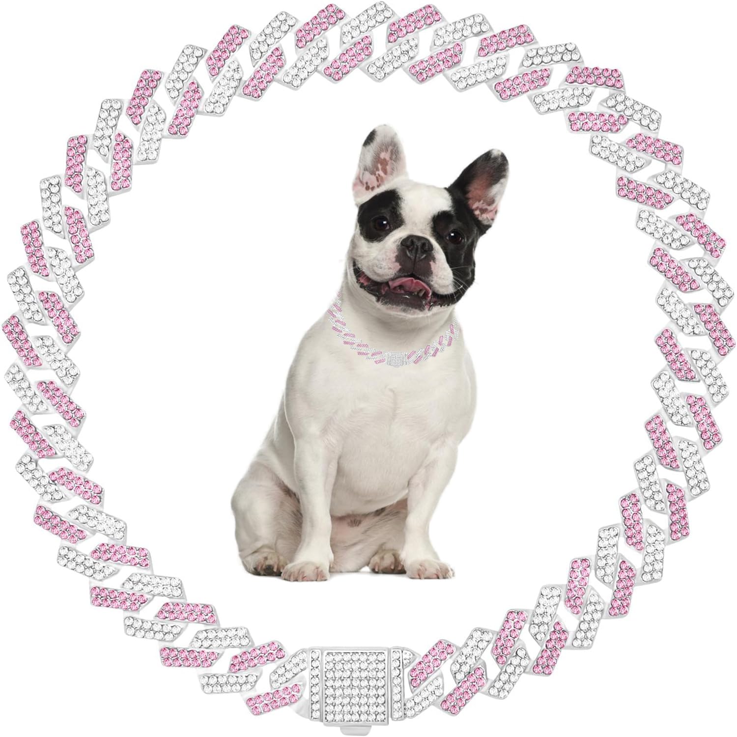 Pink Dog Chain Collar Bling Dog Chain Necklace Rhinestone Cuban