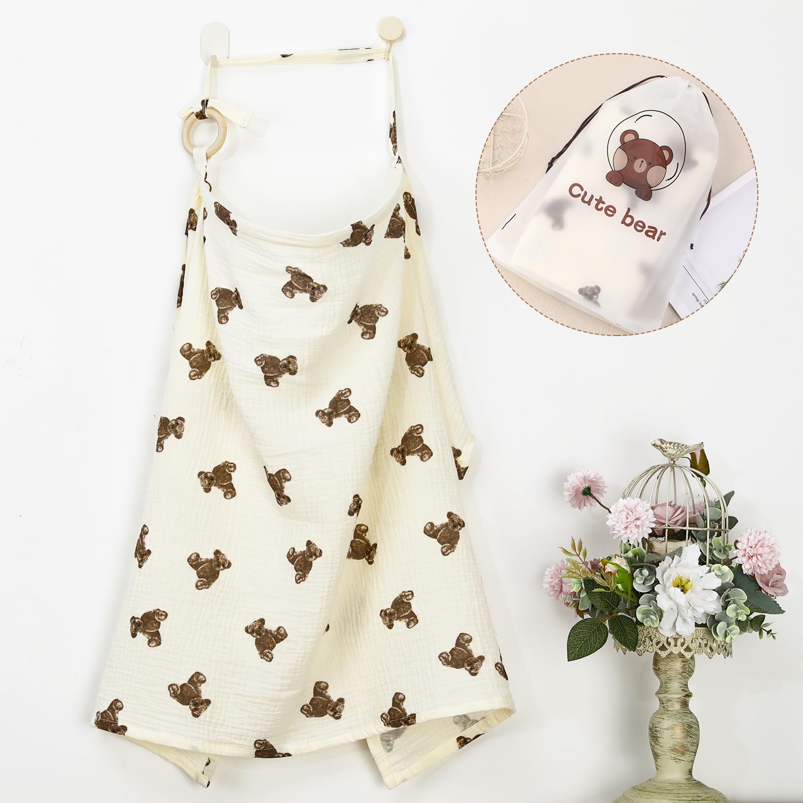 GSrenyu Breastfeeding Cover,Breathable Baby Nursing Cover Cotton Baby Breastfeeding Poncho with Adjustable Strap for Moms in Public(Bear) - Image 3