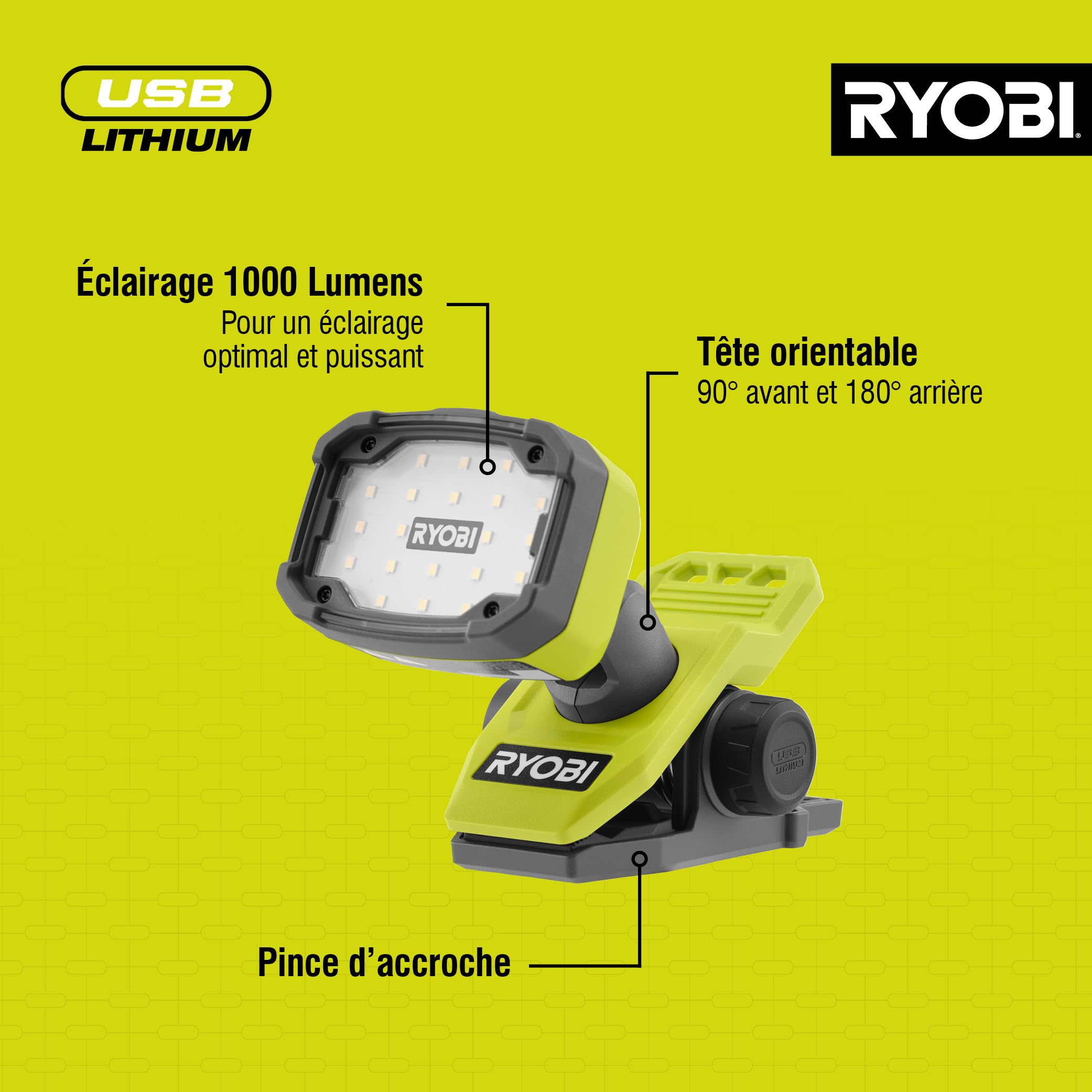 RYOBI 4 V USB-LITHIUM Akku-Klemmleuchte RLC4-0, 1.000 Lumen, magnetisch, 3 Leuchtstufen, ohne Akku und Ladegerät
