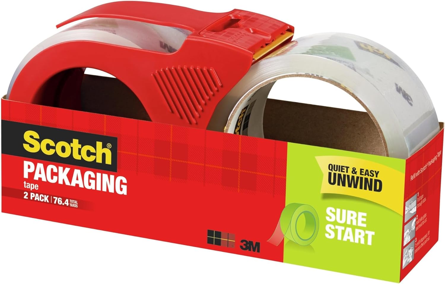 Scotch Sure Start Packing Tape, Clear, Quiet Unwind and Easy Start, 1.88 in. x 38.2 yd., 2 Tape Rolls and 1 Dispenser