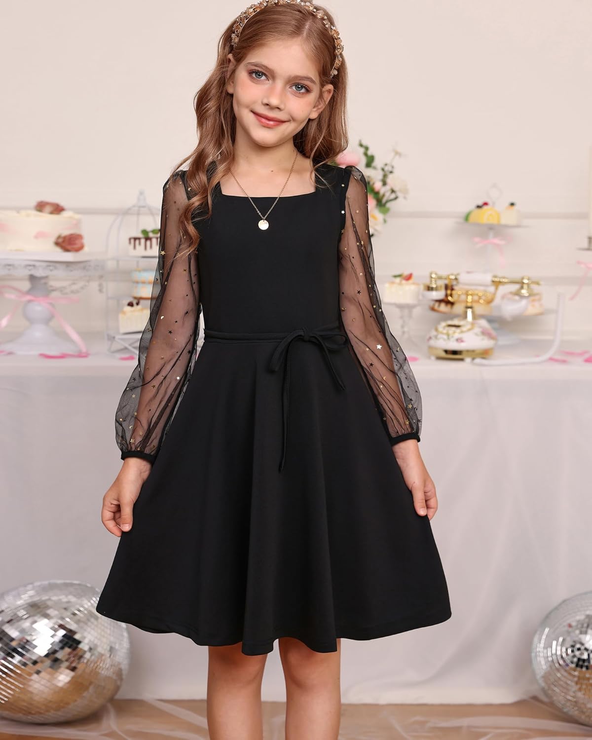 GRACE KARIN Girls Long Sleeve Dress Party Formal Contrast Mesh Puff High Waist Tie Square Neck 6-12 Years - Image 2