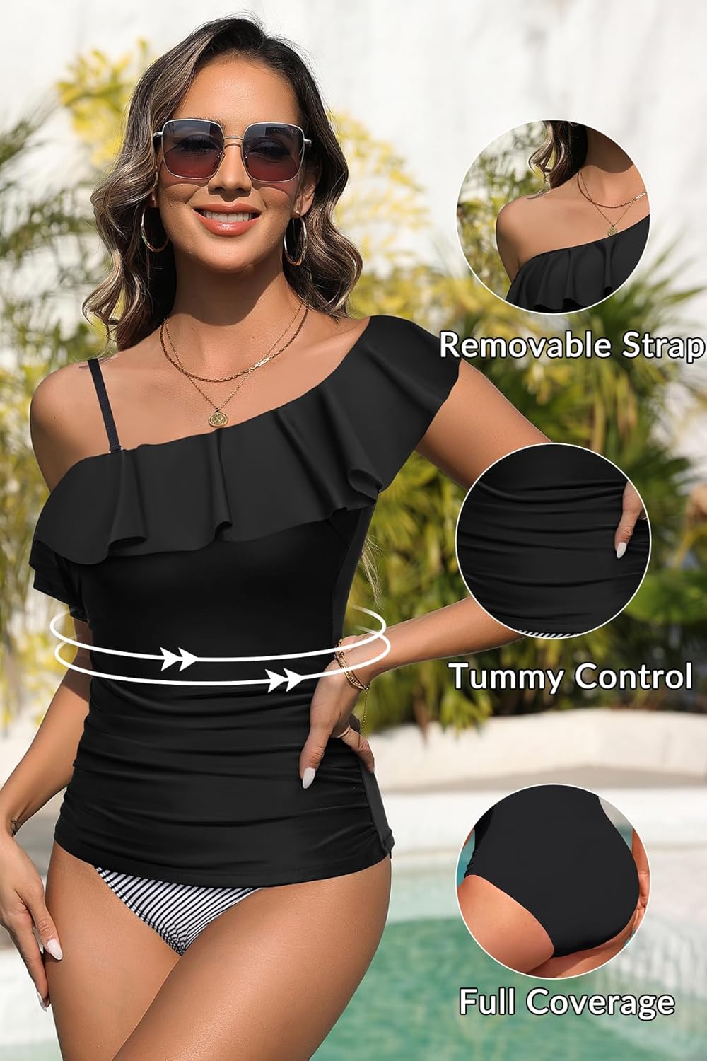 Yonique Women's Two Piece Swimsuits One Shoulder Tankini Tummy Control Bathing Suits Ruffle Swimwear