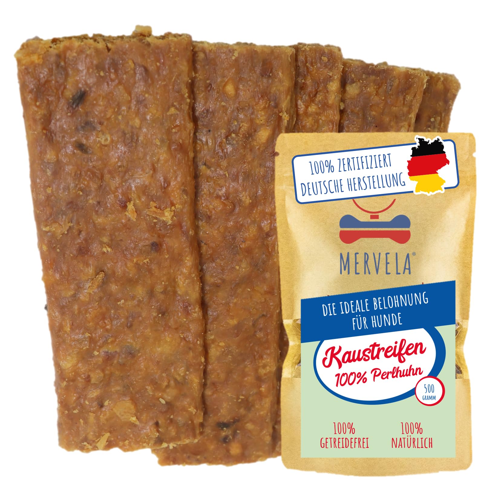 MERVELA® Perlhuhn Fleischstreifen | 500 Gramm [Qualität aus Deutschland] für Allergiker Hunde | Belohnung | Trainingssnack | Leckerli getreidefrei | Hundesnack