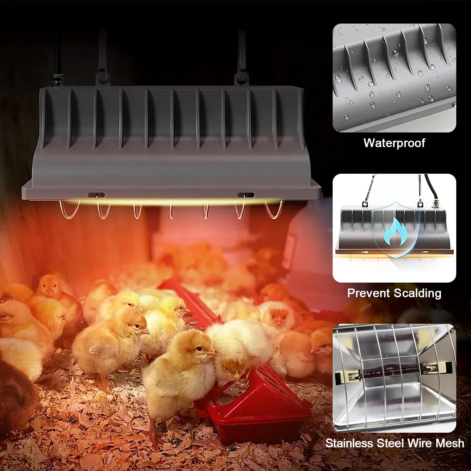 Calentador para Gallinero, Lámpara Infrarroja Impermeable de 250 W, Calentador de Invierno, Termostato para Aves de Corral con Ajustable para Pollitos, Cachorros, Gatos, Cerdos, Perros y Reptiles