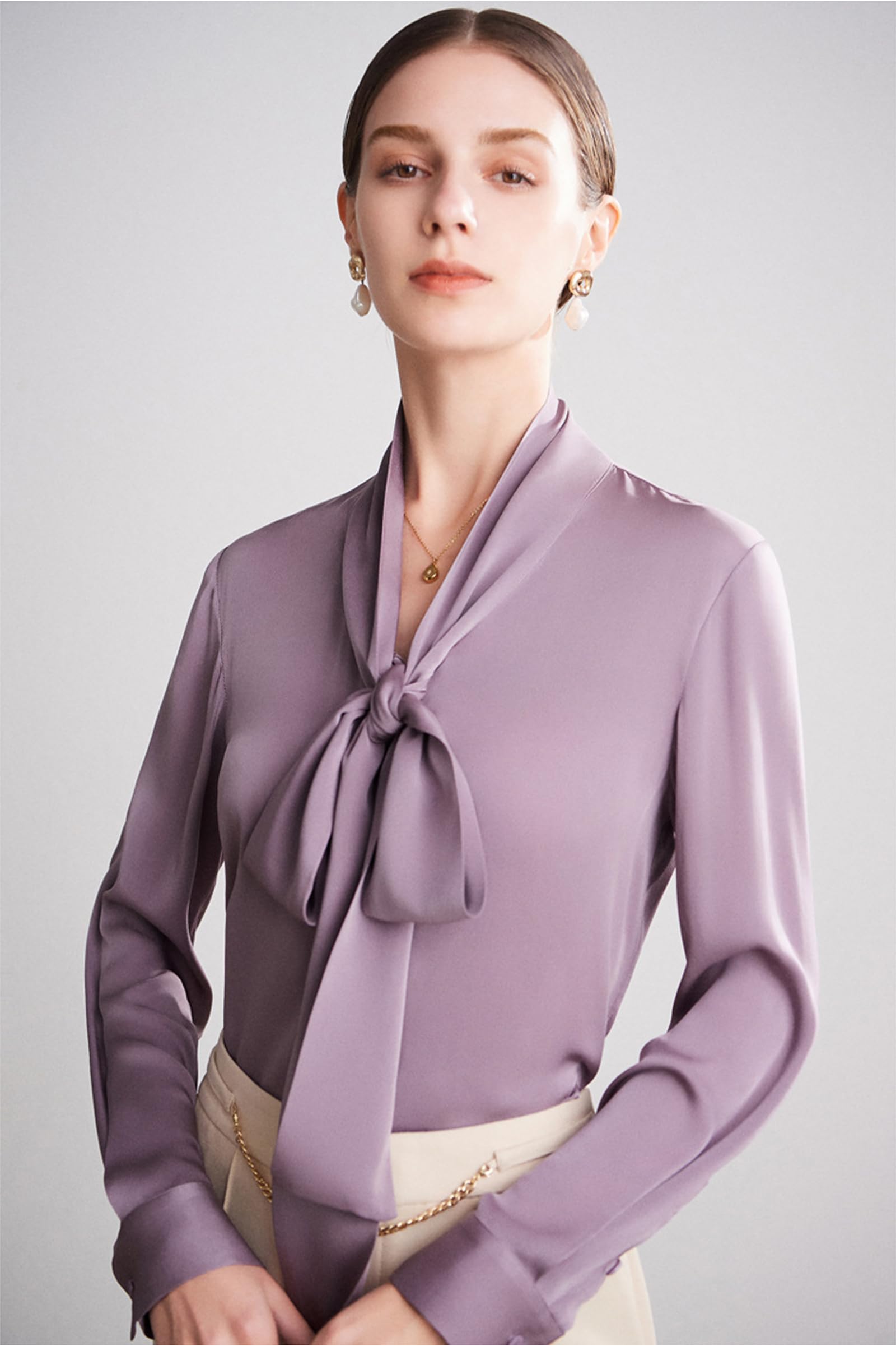 Blusa de Seda para Mujer Camisa Formal de Manga Larga con Cuello de Pajarita Abotonada Blusas de Lujo de Oficina Frescas y Suaves de Seda Pura