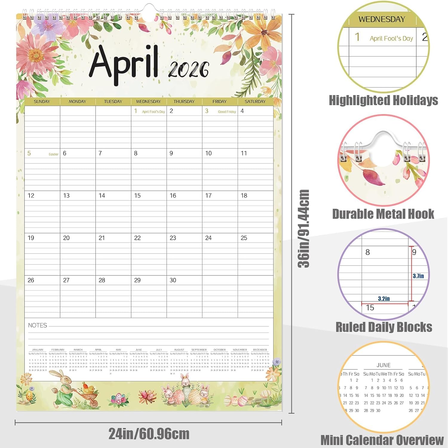 GuassLee Extra Large Wall Calendar 2026,36"x 24" Vertical Jumbo Hanging Wall Planner, 24-Month Aesthetic Large Calendar Jan. 2026 to Dec. 2027 with Thick Paper Watercolor Design for Easy Organizing Jan Colourful 36"x24"