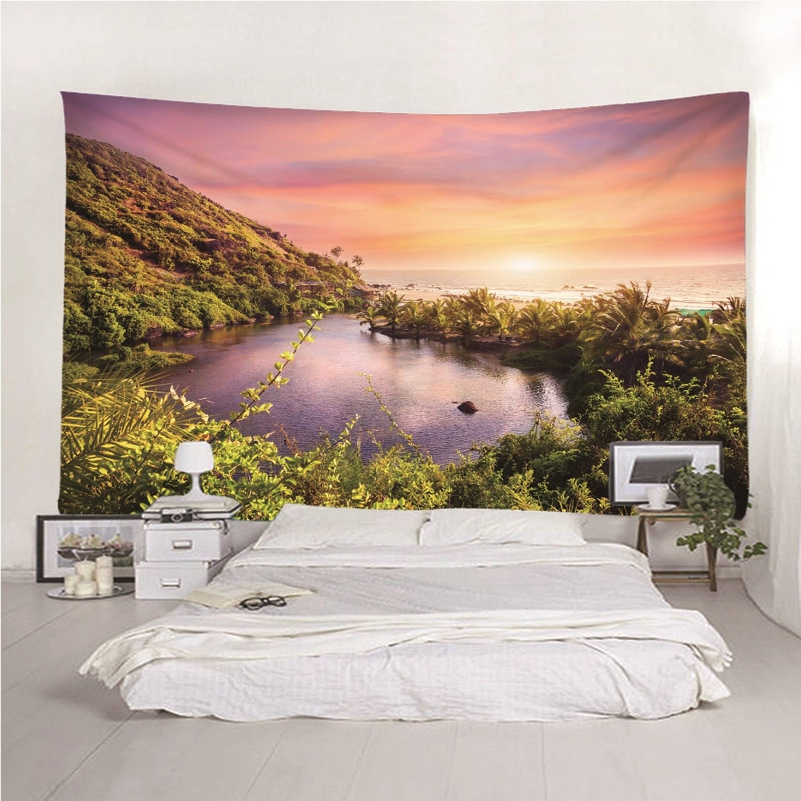 Lieson Arazzo Decorativo, Arazzi da Parete Moderni 260x240CM Alberi Oceano Al Tramonto Tappeti Parete Camera Letto Per Decorazione Della Casa, Verde Viola