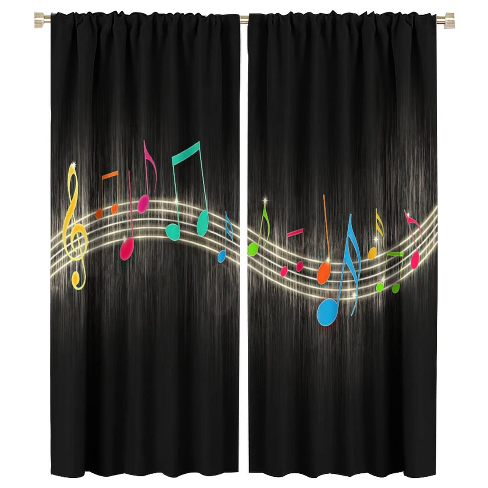 Music Window Curtain,Colorful Music Note Black Background Window Treatments Curtains for Teens Boys Bedroom Living Room Blackout Drapes W42xL54in