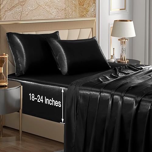 VACVELT Juego de sábanas de satén con bolsillo extra profundo de 4 piezas, tamaño California King, juego de sábanas de satén negro para colchones de