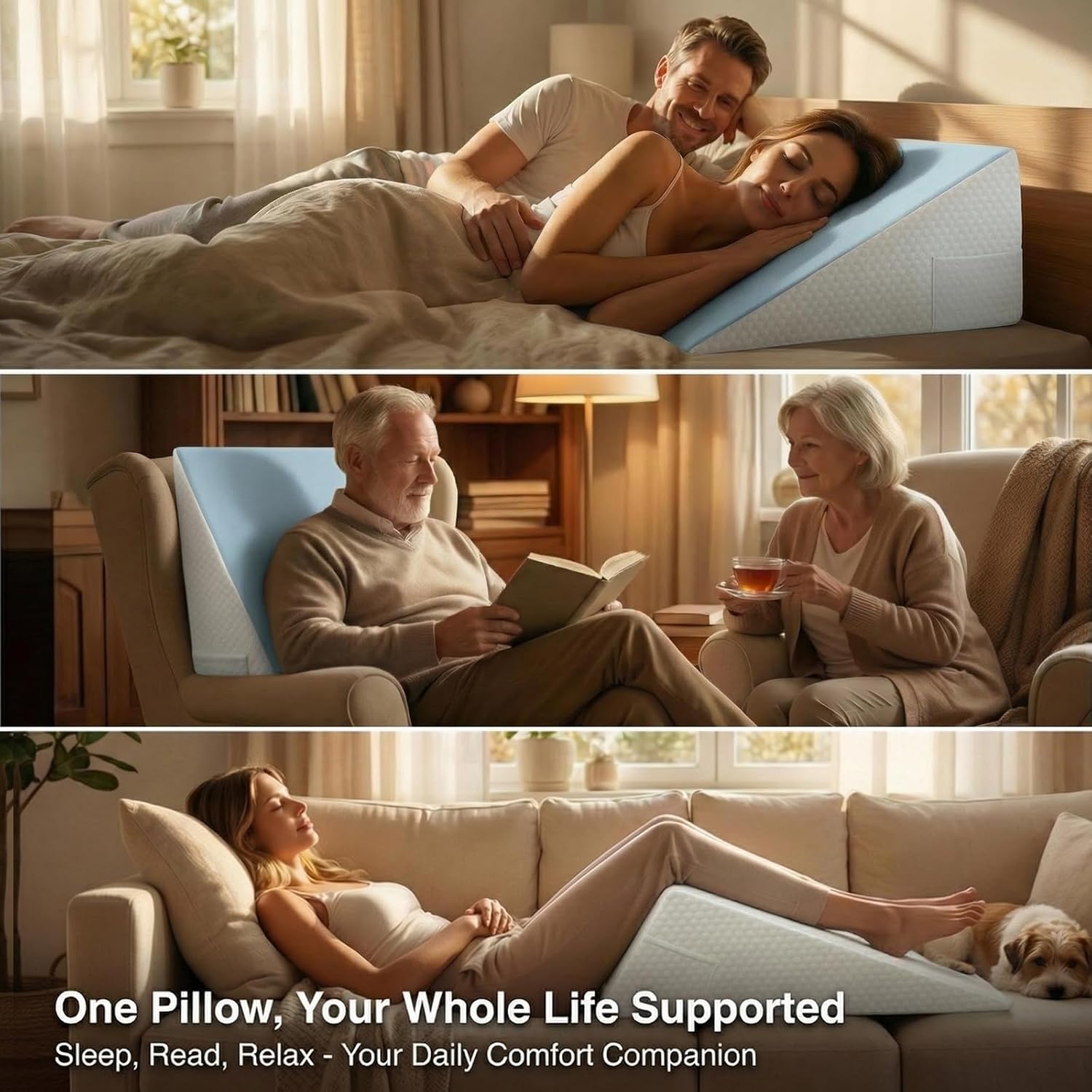 [2026 New 7.5" Memory Foam Wedge Pillow for Sleep Apnea, Sleeping, Acid Reflux Relief, Snoring, Dual Sided Cooling & Warm Fabric Triangle Pillow Wedge for After Surgery, Back, Leg - Blue