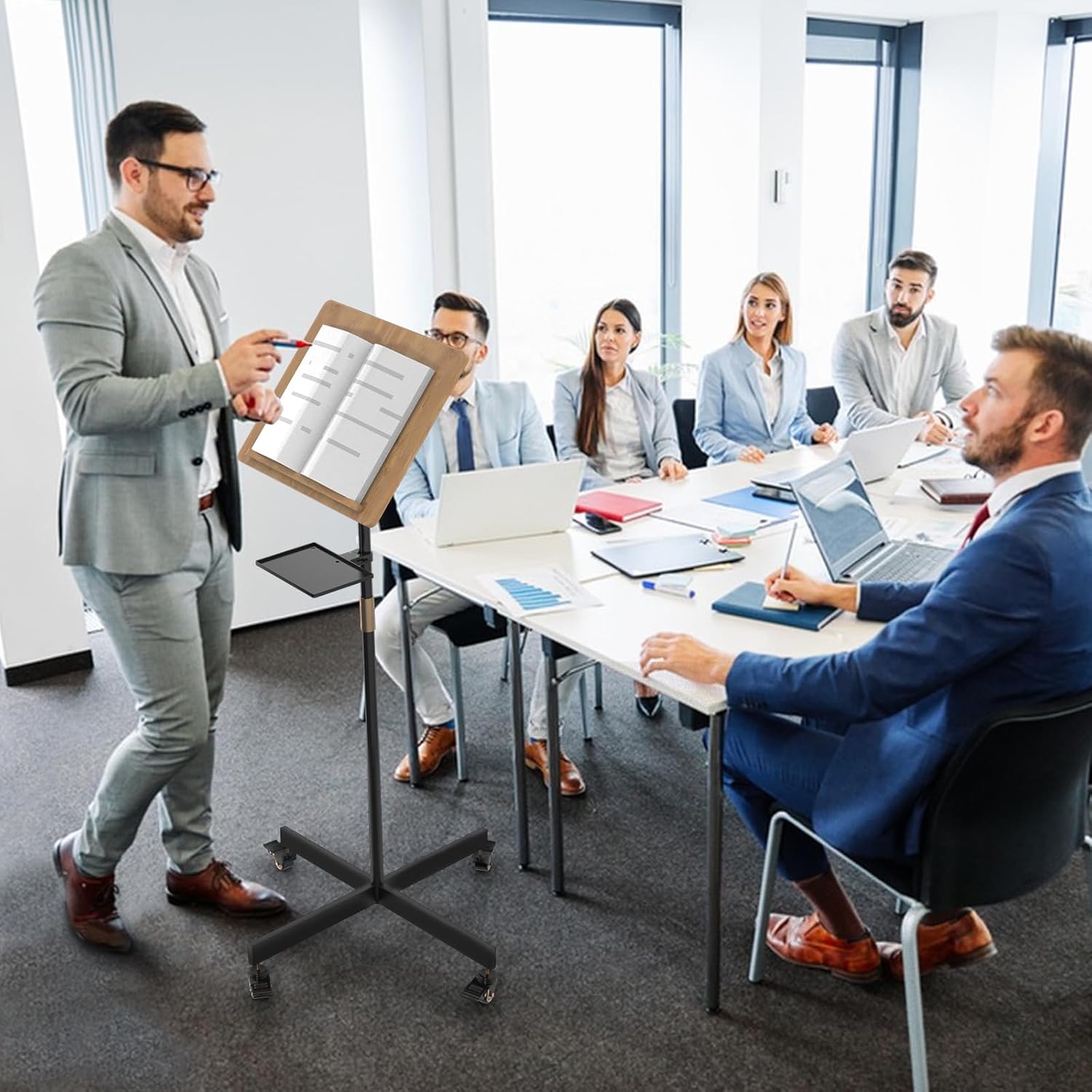 Classic Lectern Podium Stand with Storage Platform, Height Adjustable Mobile Podium, Teacher Speaker Lecture Classroom Presentation Stand, Multi-Function Reading or Laptop Desk with Edge Stopper