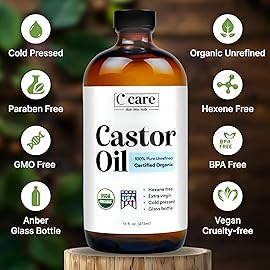 C CARE Castor Oil 100% Pure Organic Cold Pressed Unrefined Glass Bottle | USDA Certified Organic | Hexane Free Extra Virgin | For Hair Growth Eyebrows Eyelashes Skin and Castor Oil Pack Wrap | 16oz