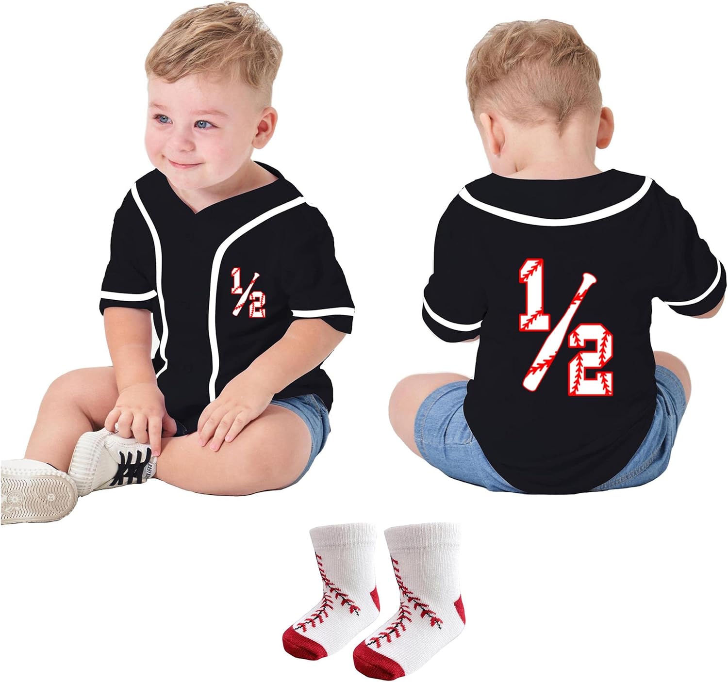 1/2 Half Birthday Baseball Jersey Baby Boys Halfway to One Birthday Shirt with Socks - Image 2
