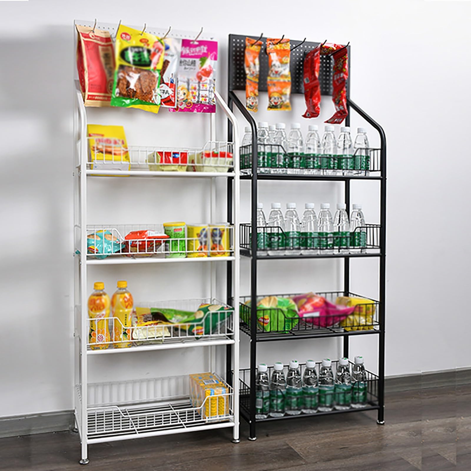 Generisch 4-stöckiges Süßwaren- und Snack-Display mit Rollen, stehendes Metallregal für Badezimmer, Wohnzimmer, Büro, Garage, Weiß (260 x 27 x 153 cm)