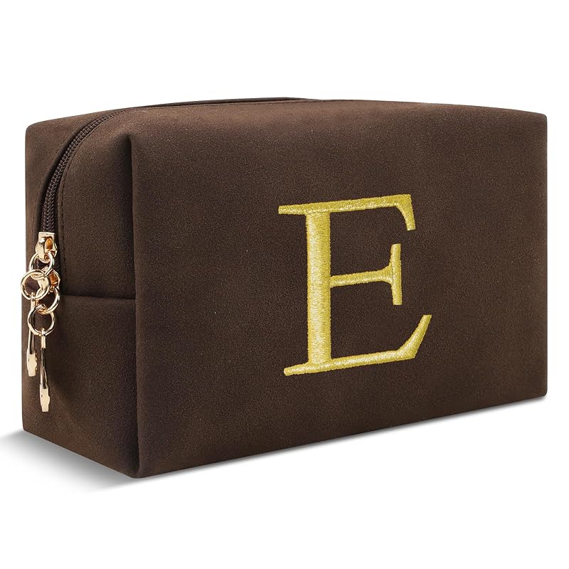 Necessaire de maquiagem ChaoGreat personalizada com inicial bordada em dourado, material semelhante a camurça, Coffee-E