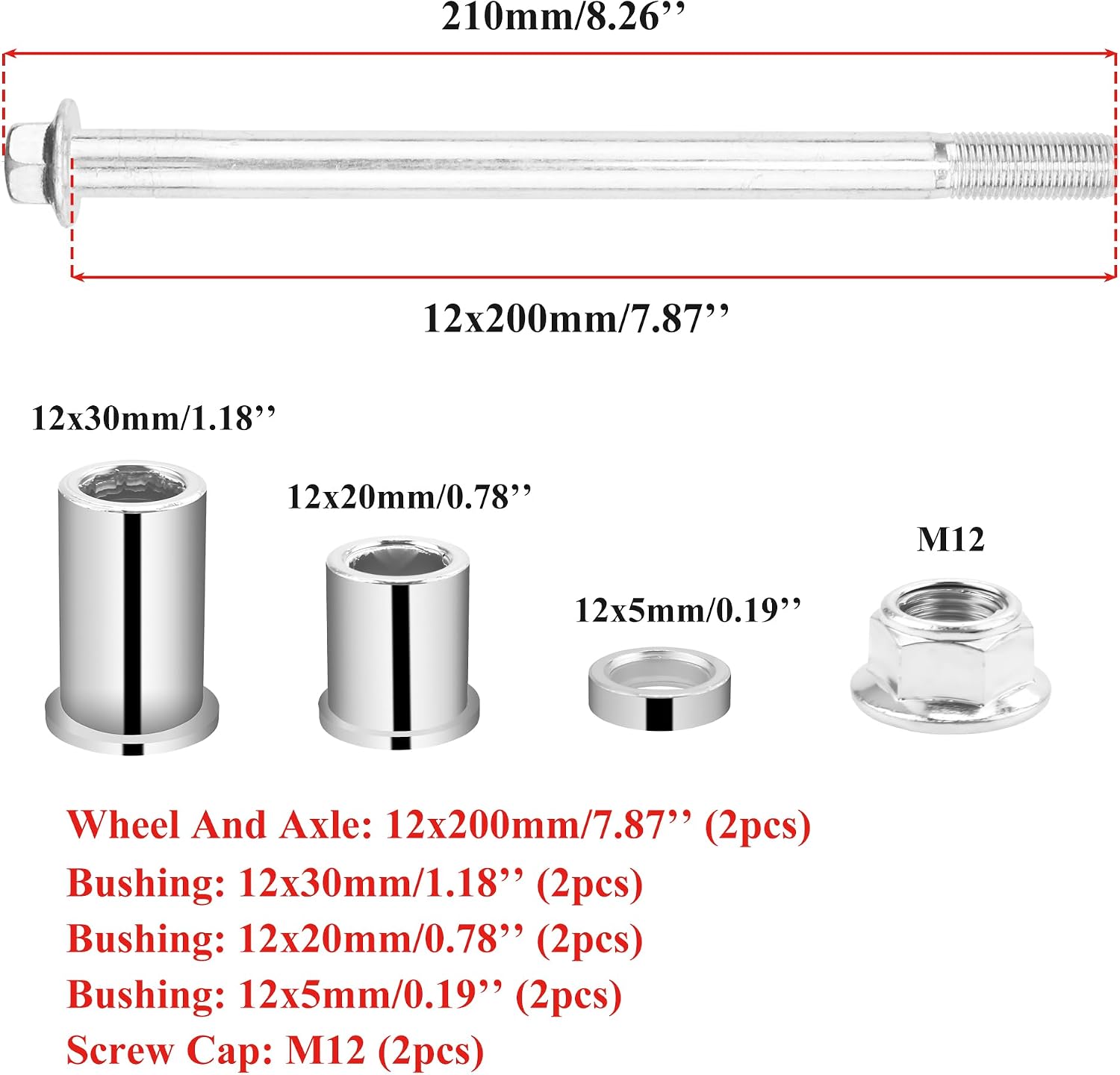 12mm 200mm Front Rear Wheel Axle with Bushing 30mm 20mm 5mm Compatible with 50cc 110cc 125cc Dirt Bike Moped Scooter QUAD ATV Mini Bike Parts 2PCS