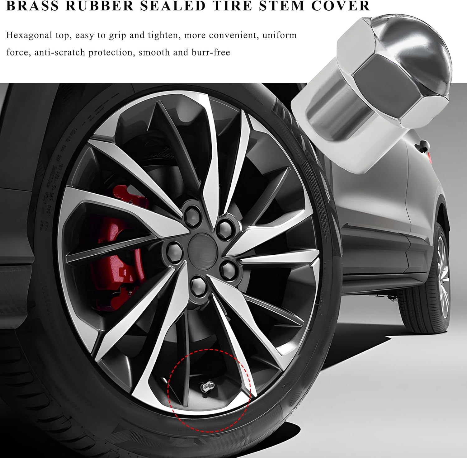 Sun Walker 4 PCS Car Tire Valve Stem Caps, Leakproof Hexagon Tire Valve Cover with Rubber O-Ring Seal, Dustproof Round Top Chrome-Plated Tyre Air Caps for Car Truck Motorcycle - Image 5