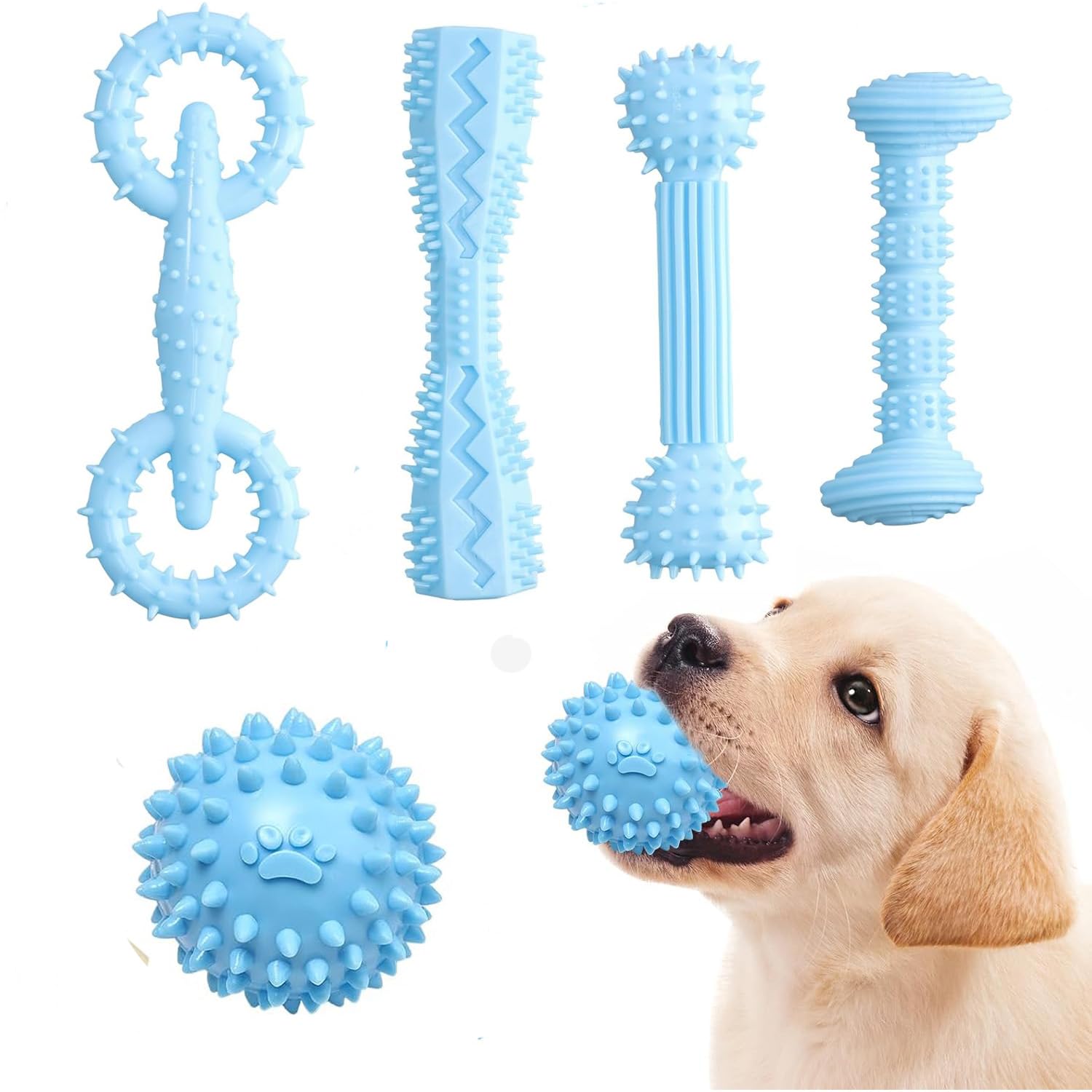 MEISO 5 Pezzi Giochi da Masticare per Cani, Giocattolo da Masticare, Giocattoli per Cani Cigolanti Pulizia dei Denti, Giochi per Cani Indistruttibile, Cani in Gomma per Cani di Piccola e Media Taglia