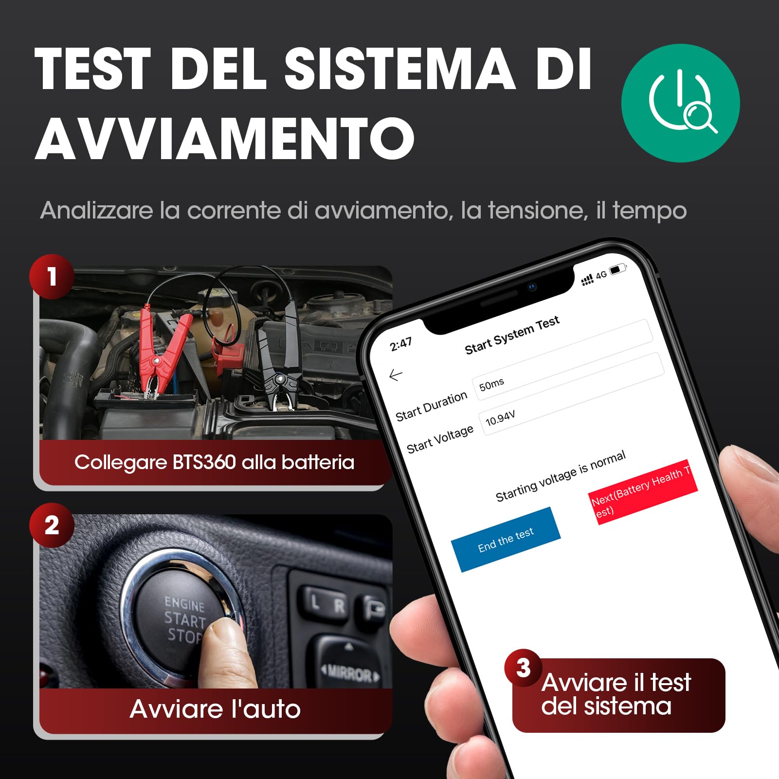 LAUNCH BST360 - Tester batteria auto 12 V, 100-2000 CCA Bluetooth strumento analizzatore della batteria Auto, test di salute di ricarica per auto camion moto ATV SUV barca Yacht
