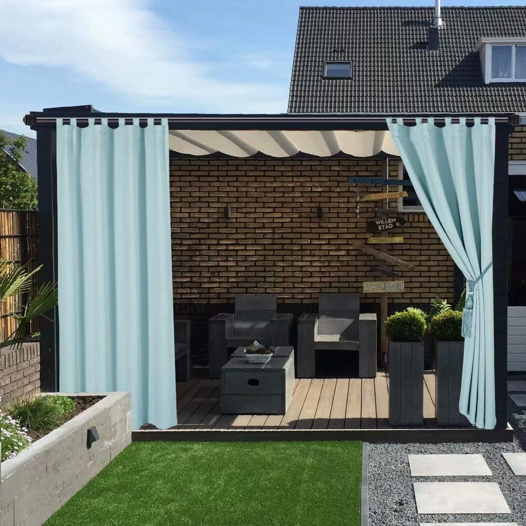 LORDTEX Waterproof Indoor/Outdoor Curtains for Patio - Thermal Insulated, Sun Blocking Detachable Sticky Tab Top Blackout Curtains for Bedroom, Porch, Pergola, 52 x 84 inch, 2 Panels, Seafoam